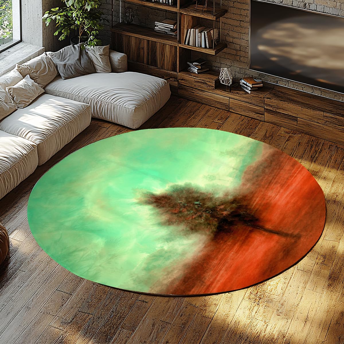 Tapis de sol de bain rond pour cuisine et salon imprimé art arbre coloré