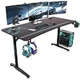 60 Inch Gaming Desk with Full Mouse Pad, Large Home Office Curved Computer Desk for 3 Monitors with Cup Holder, Headphone Hook and Handle Rack with USB Charging Ports for Gamer, Black