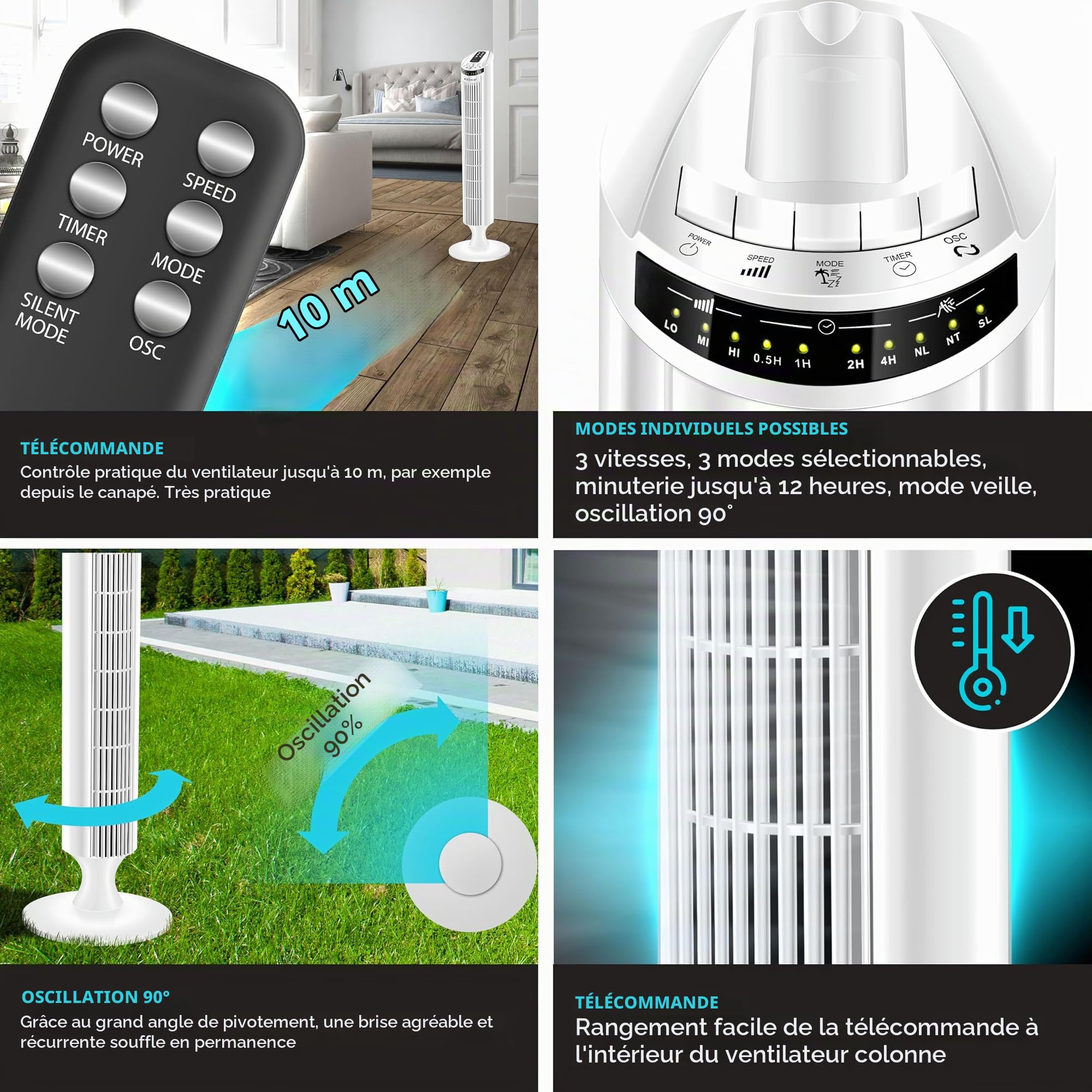 KESSER Ventilateur tour avec télécommande - ventilateur à colonne avec écran LED - ventilateur sur pied - climatiseur