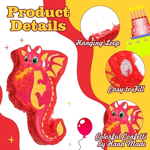Miniatura 7 de Piñata de dragón de 16 pulgadas, piñata de dinosaurio con palo vendados y confeti, piñata de dinosaurio tiranosaurio, piñata de dinosaurio que