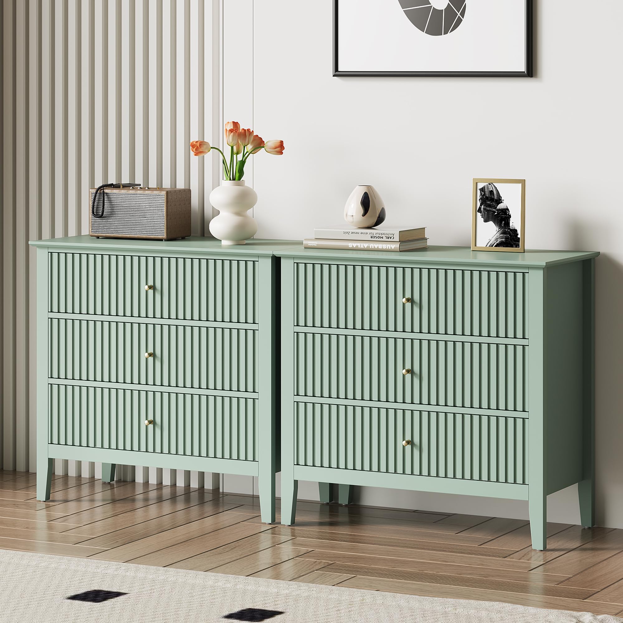 RoyalCraft 32" Large Nightstand Set of 2, Fluted Painted Bedside Table with 3 Spacious Drawers, Modern Tall End Table for Bedroom, Milky Green