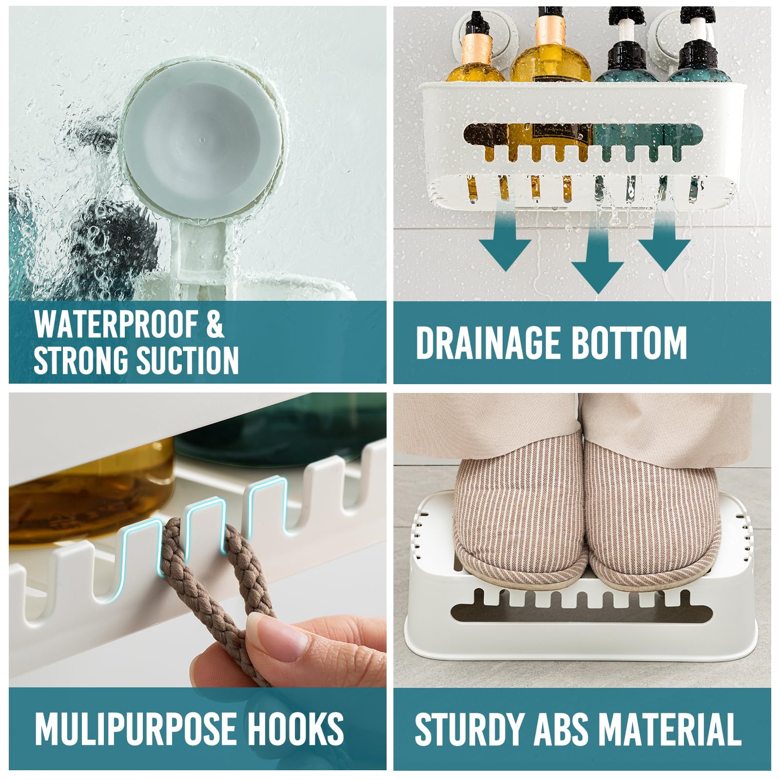 TAILI Contenitore per doccia con ventosa, organizer per doccia, mensola rimovibile da bagno, con ventosa potente, tenuta massima di 10 kg, supporto impermeabile, bianco