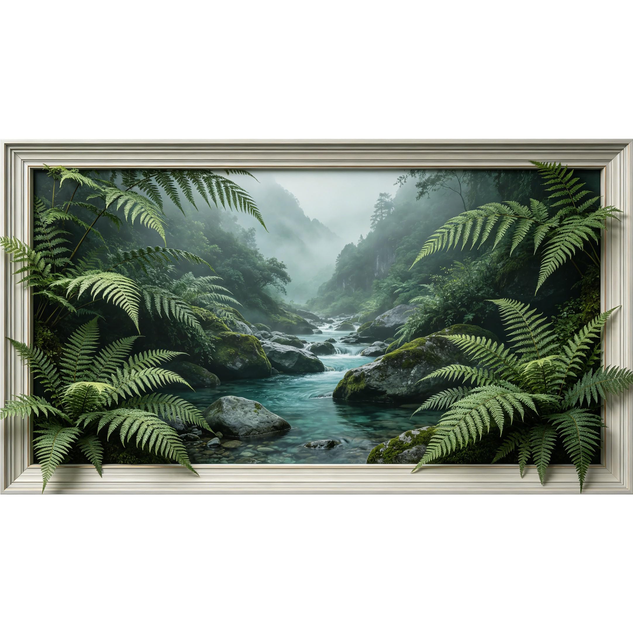 QZLITHOTIC 50×90cm3D Framed Wall Art， Misty Mountain River Botanical Ferns Self?Adhesive Mural， Water?Activated Peel & Stick Fabric Decor Wall Decal for Bedroom Living Room