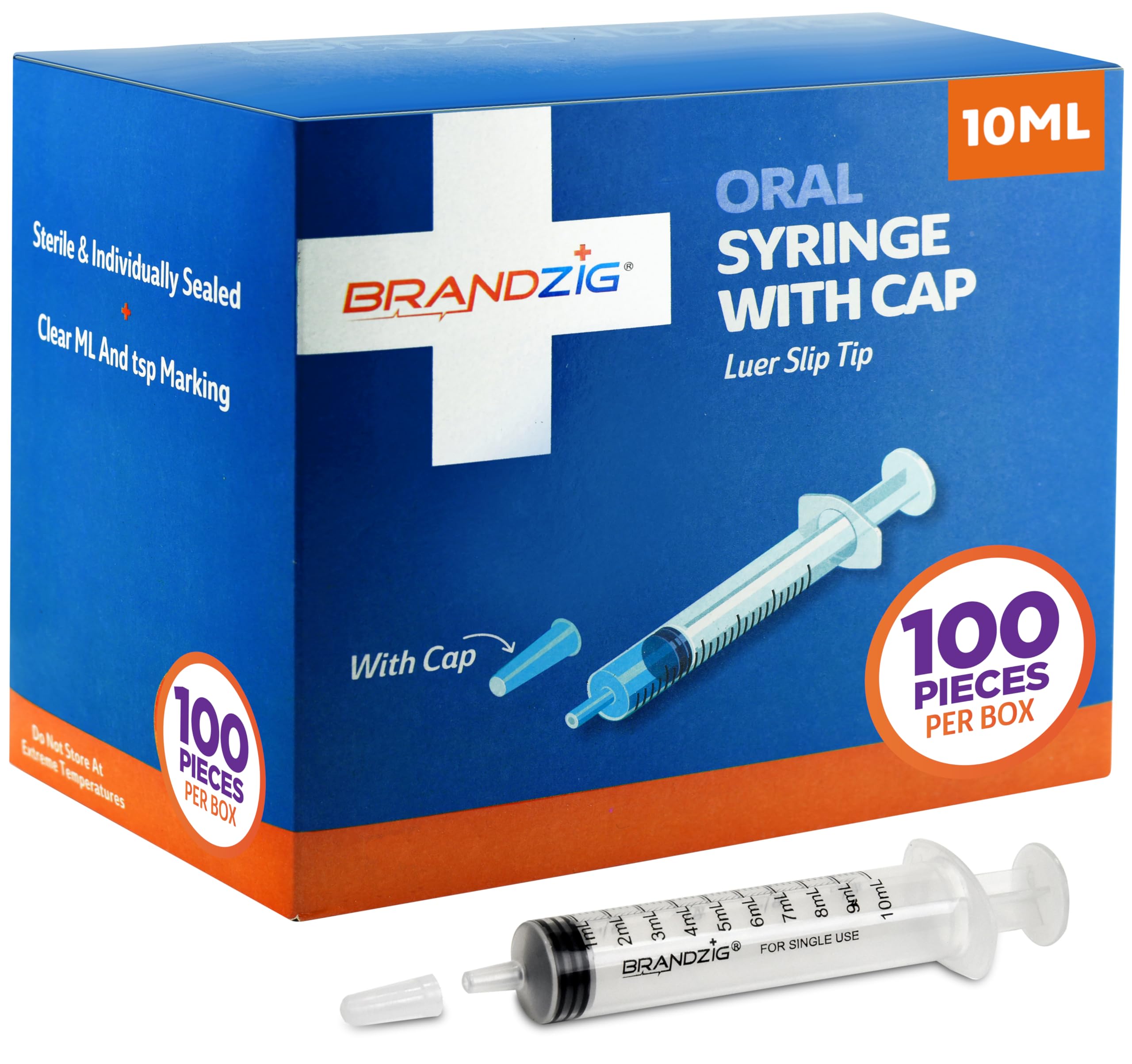 10ml Oral Syringe With Cap (100 Pack) | Oral Dispenser Without Needle, Luer Slip Tip | Individually Wrapped Medicine Dropper For Infants & Pets