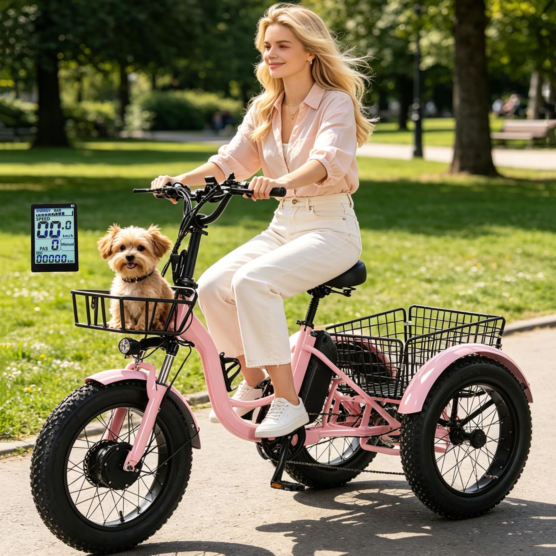 Electric Trike for Adults-Max Load: 150 kg, 20 * 4.0” Fat Tire E Trike for Seniors, Dual Disc Brakes, Led Display, 48V 13Ah Removable Battery - 35km Range, Ideal for Commuting and Short Trips Pink