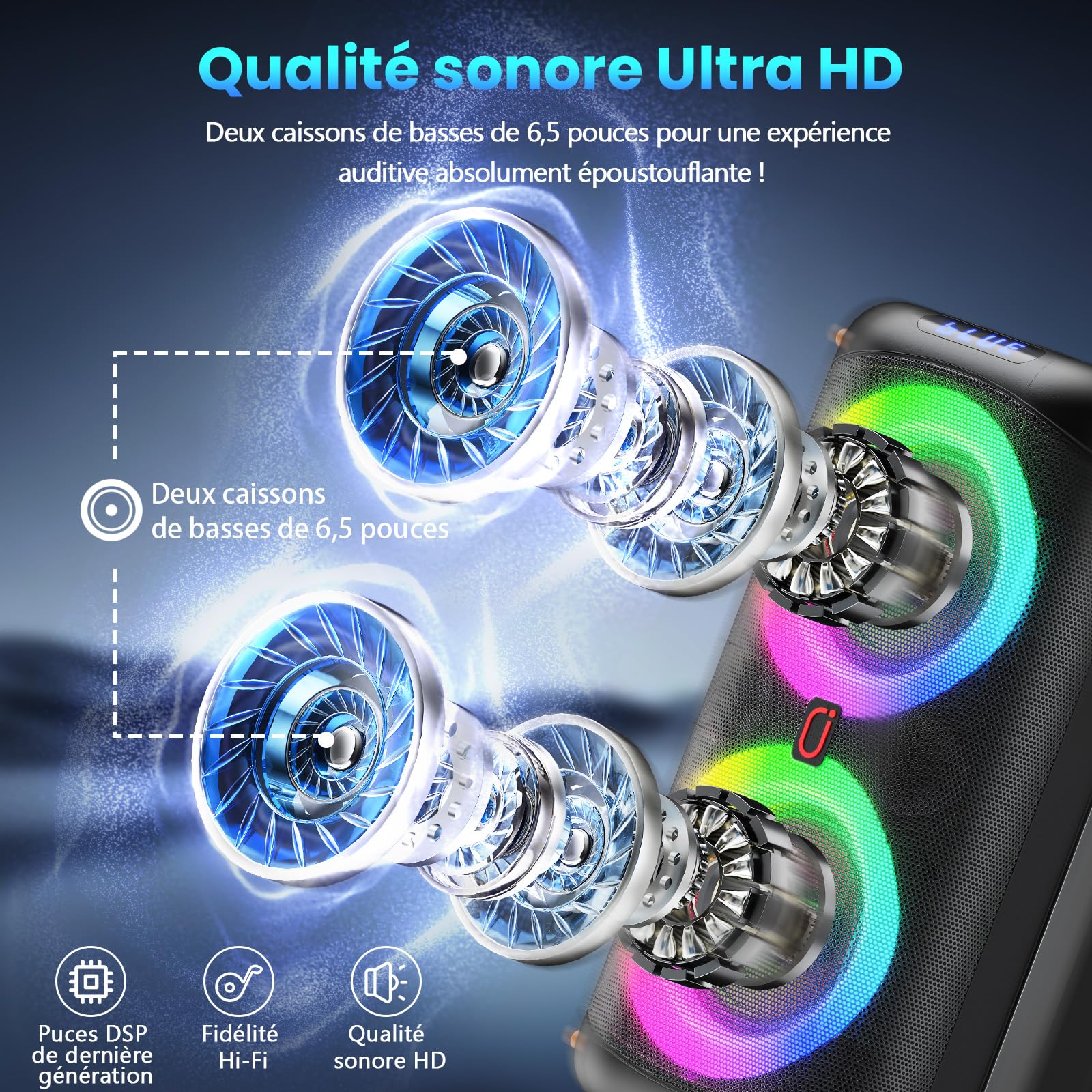 HWWR Enceinte Karaoke 2 Micro sans Fil, Puissance Max 300W Karaoké Professionnel, 10000mAh Portable Bluetooth 5.3 avec LED Haut-Parleur Amplifié Portable Système Karaoké Soutien
