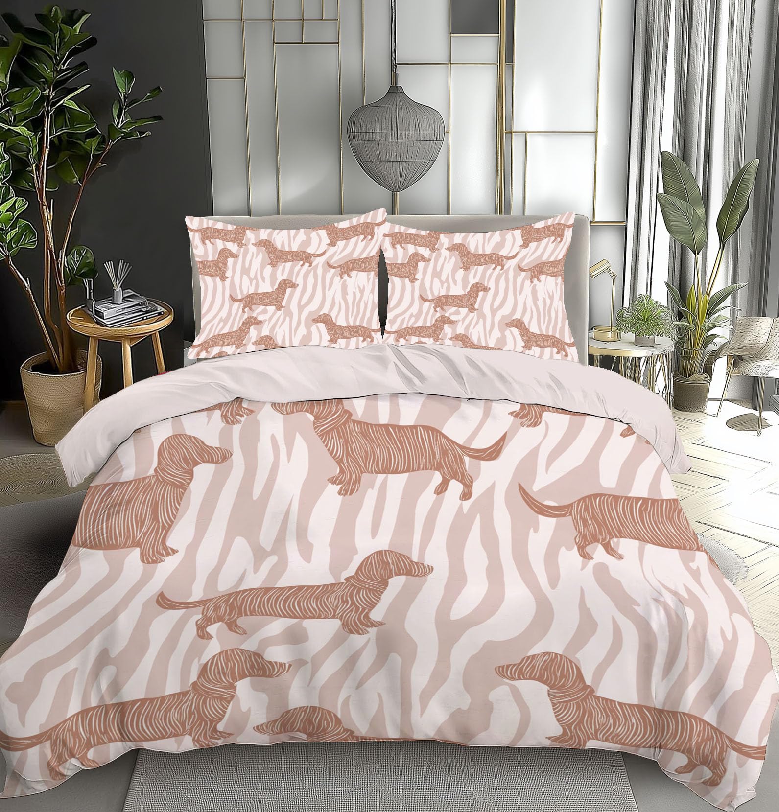 Housse de couette teckel rose et beige pour des nuits douces et cosy