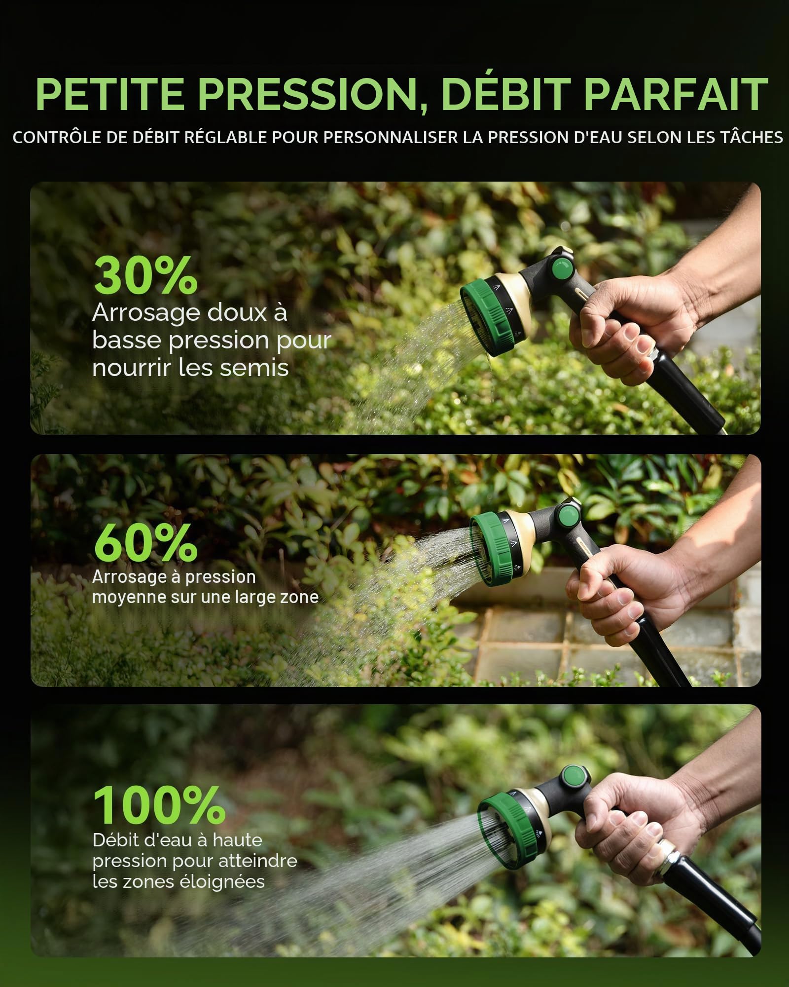 RAINPOINT Douchette de jardin en métal 8 fonctions - Débit d'eau réglable - Vert olive