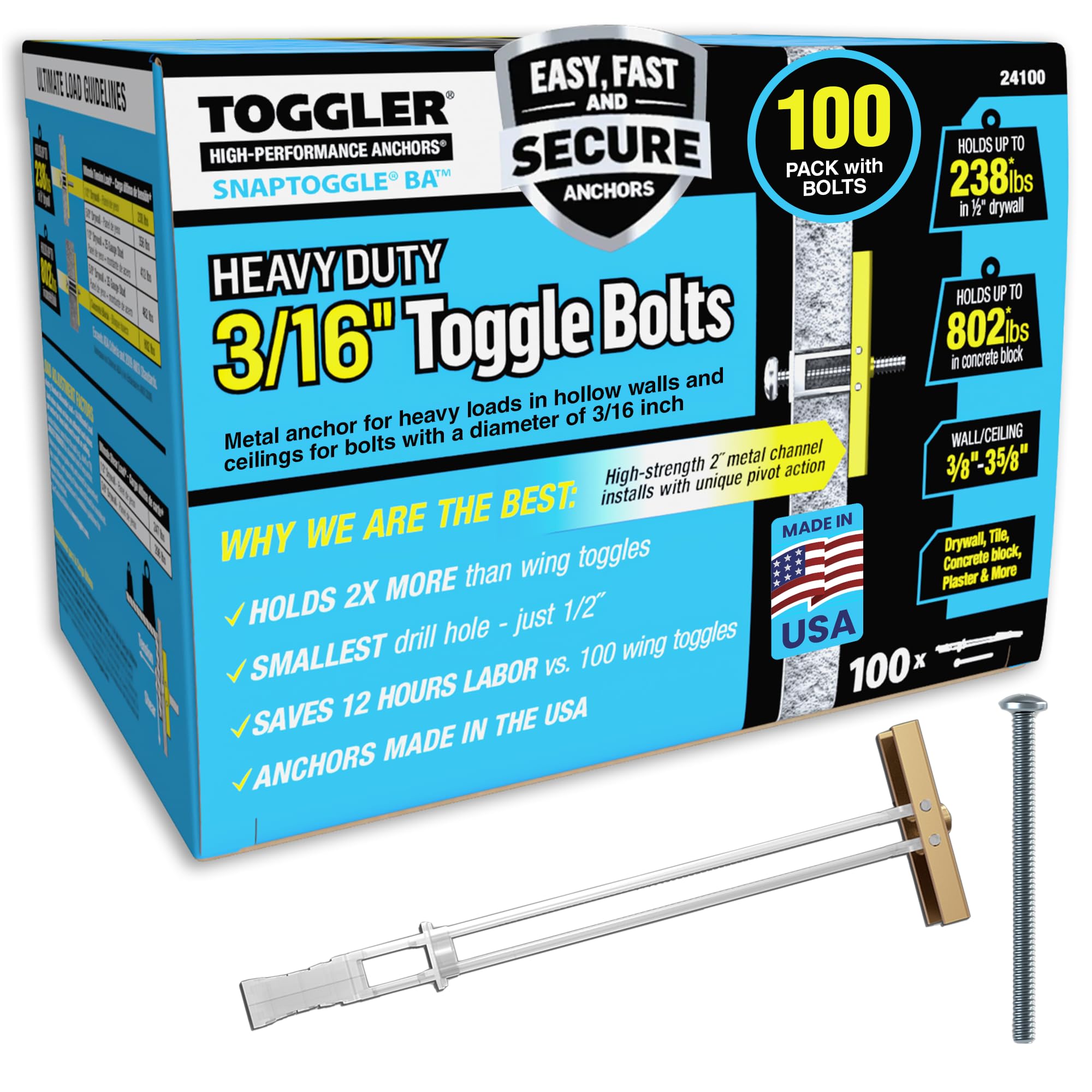 TOGGLER SNAPTOGGLE Heavy-Duty Drywall Toggle Bolt – 3/16"-24 UNC Zinc-Plated Anchor for Hollow Walls, Plaster & Tile – Holds 238 lbs in 1/2" Drywall, Easy Install – 100 Pack (W/Roundhead Bolts)