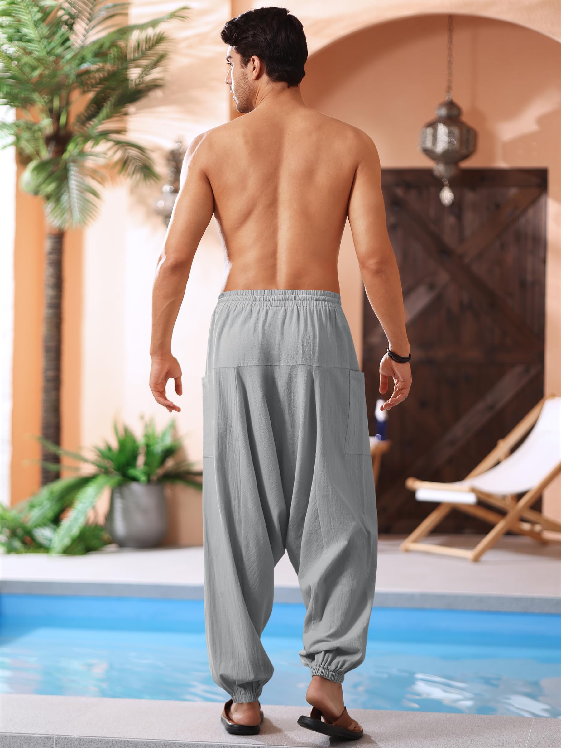Runcati Pantalon sarouel baggy hippie décontracté en lin pour homme - Pantalon de yoga - Pantalon de plage