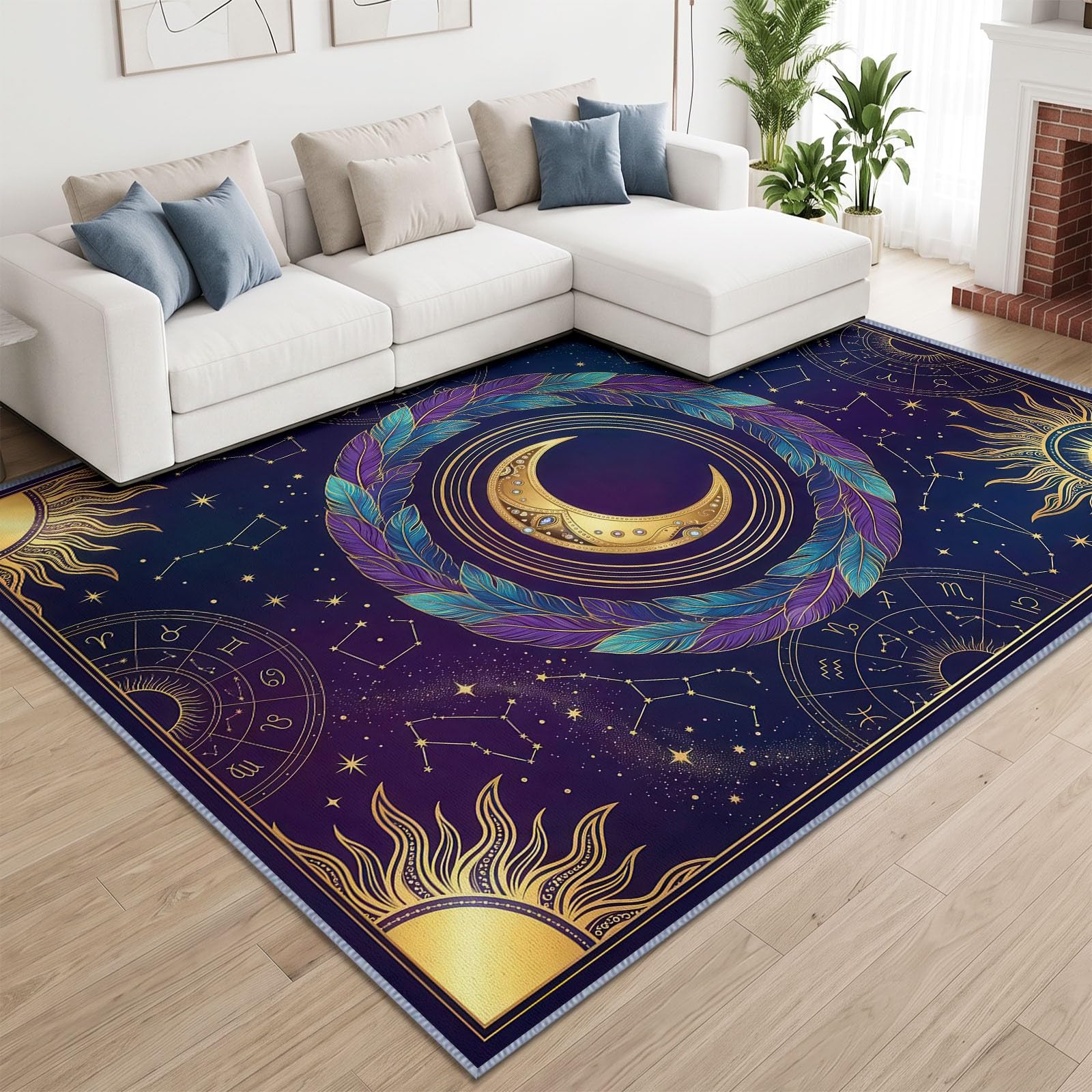 Générique Bohème Mystère Astrologie Tapis de Salon Lavable en Machine 200 x 300 cm Tapis antidérapant, Moquette Soleil Or Lune Plume Violette pour Le Salon, l'entrée, la Chambre et la Cuisine