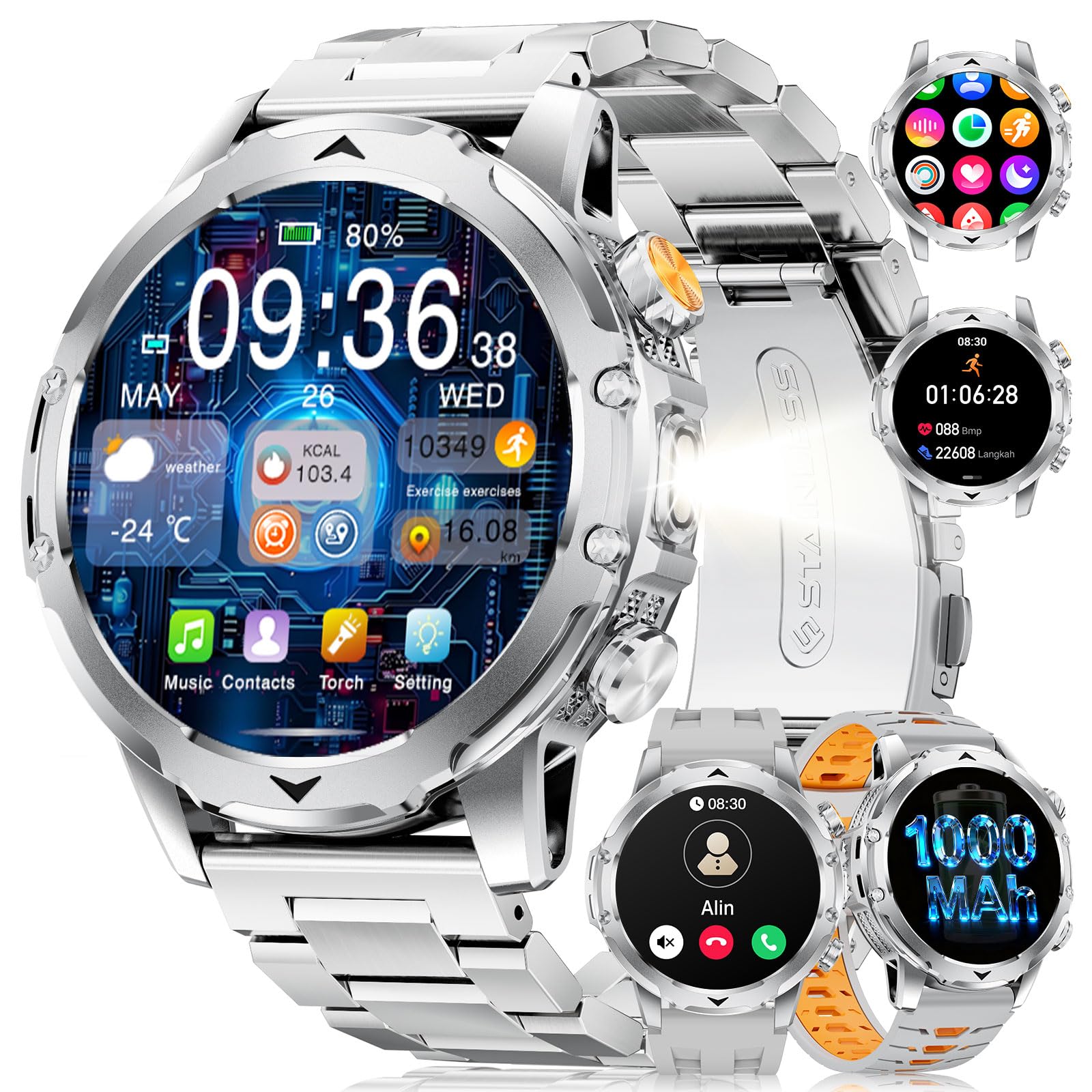 FitVigor Smartwatch Herren Militär-1000mAh/1.53'' HD Große Display/LED-Licht,3 Armbändern/Fitnessuhrmit Taschenlampe/120+ Sportmodi,Fitnessuhr mit Herzfrequenz/Schlafmonitor,für Android iOS