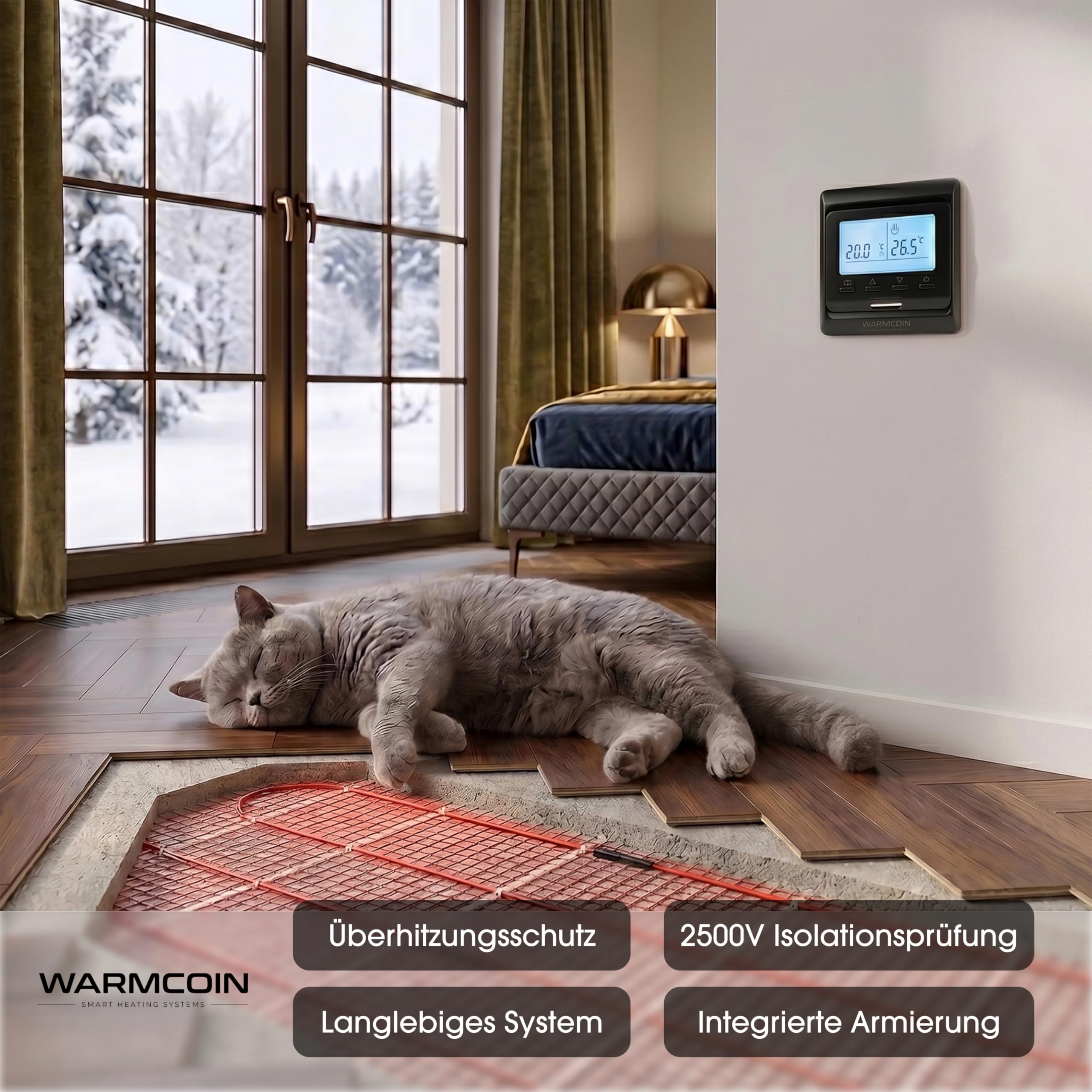 Kit Riscaldamento a Pavimento Elettrico 160W/m² – Stuoia Autoadesiva 12,0 m² (0,5x24m) – Piastrelle, Laminato, Vinile – Con Cronotermostato LCD Programmabile W51 Nero