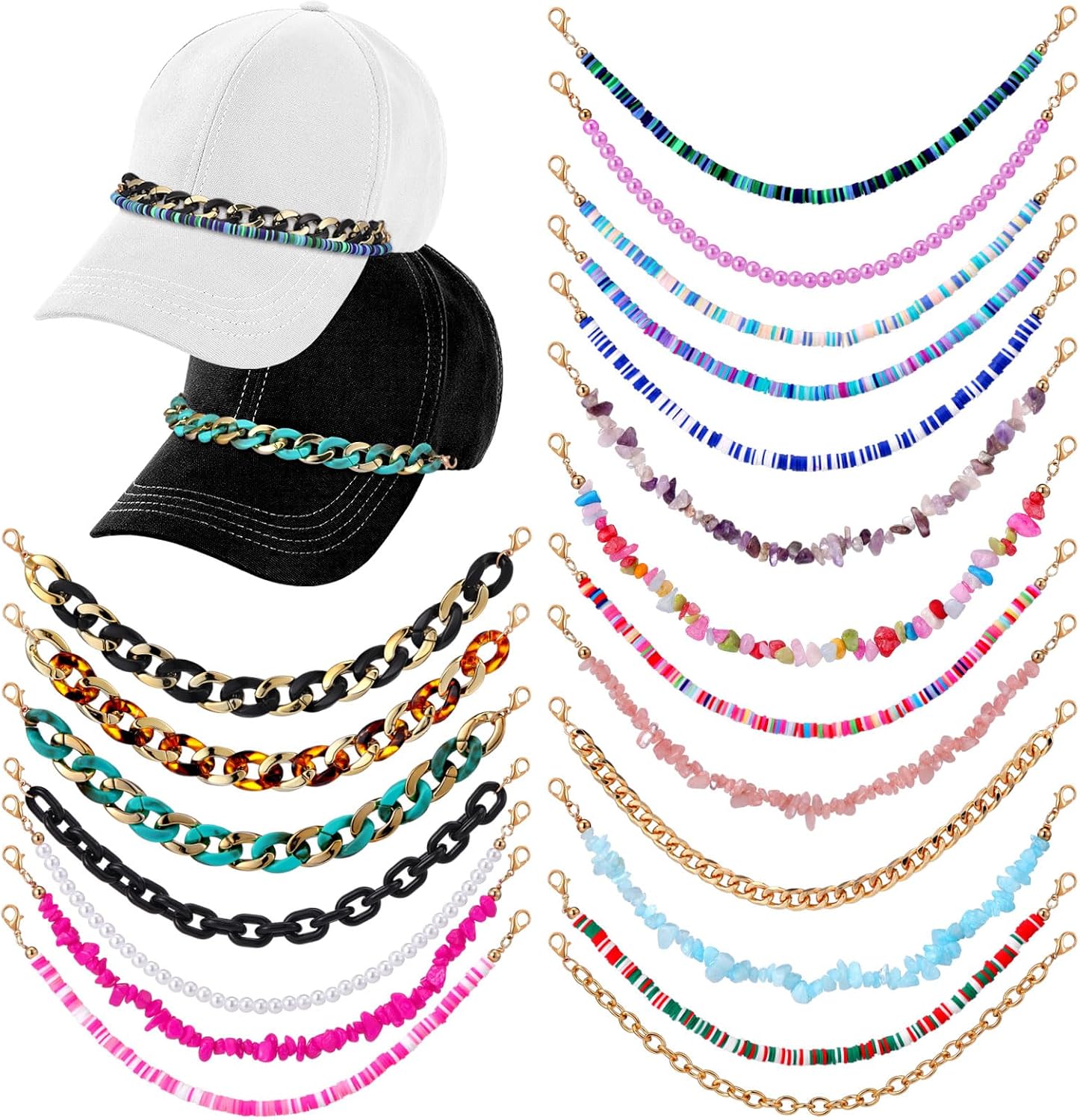 Geyoga 20 Pcs Trucker Hat Chains Bulk Hat Charms for Women Men Bill Decoration Detachable DIY Metal Chain for Mesh Baseball Cap Multicolor