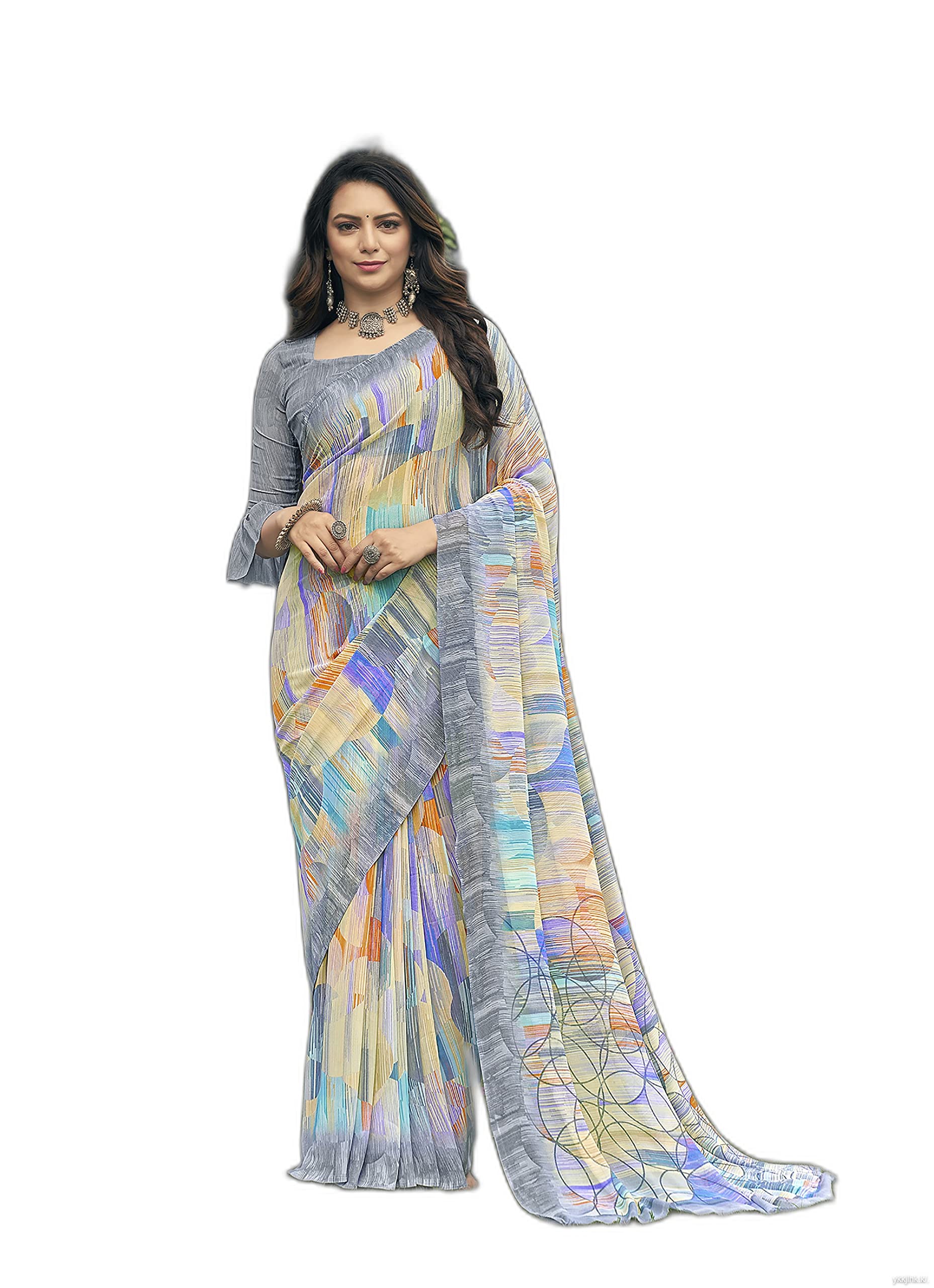 Jaanvi fashionWomen's Traditional Printed Georgette Saree With Unstitched Blouse Piece
