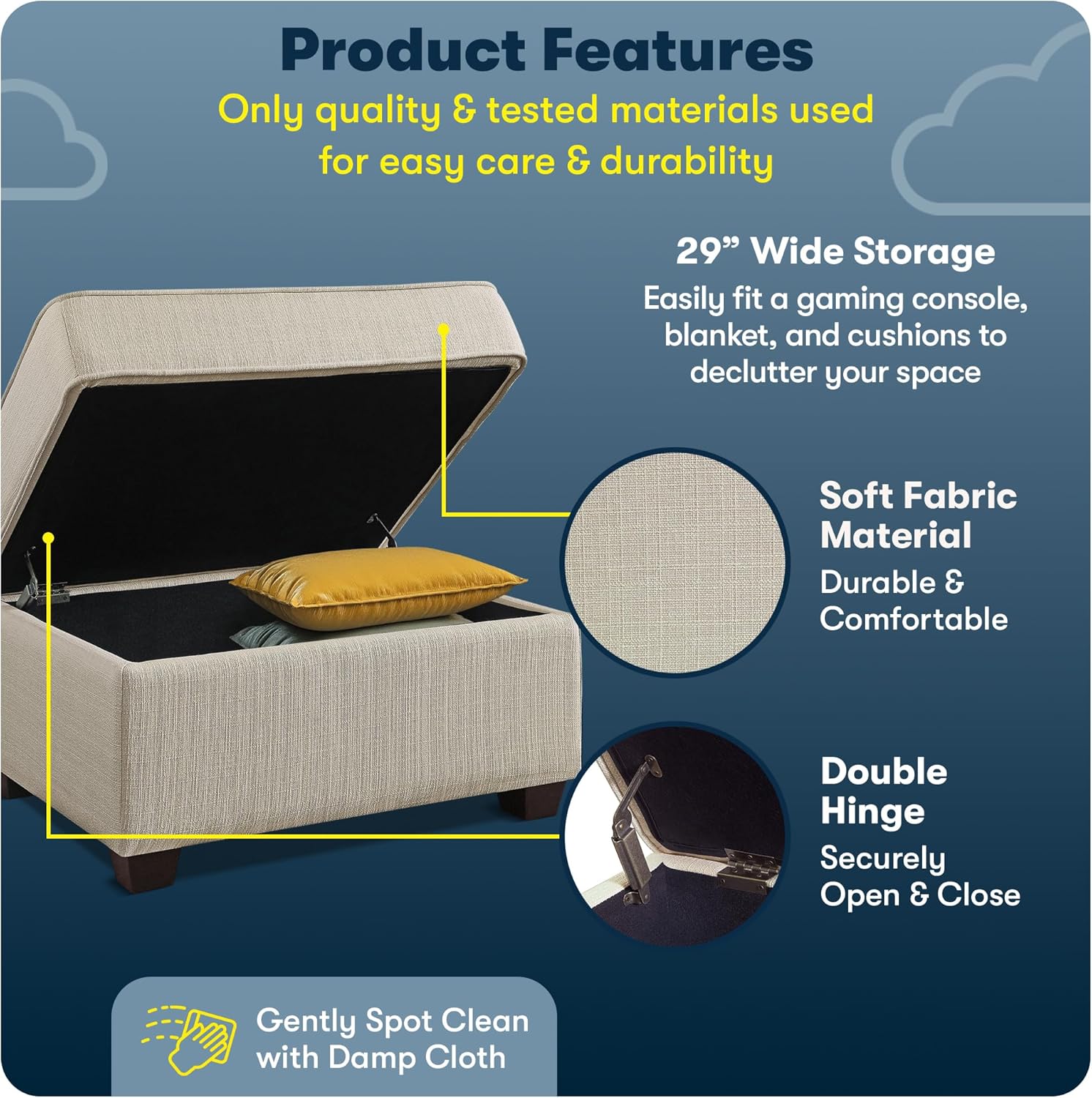 Serta Olin Storage Ottoman with Lid, Contemporary Design, Hinged Lid, Can Be Used as Footrest or Extra Seat, Easy Assembly, Ivory