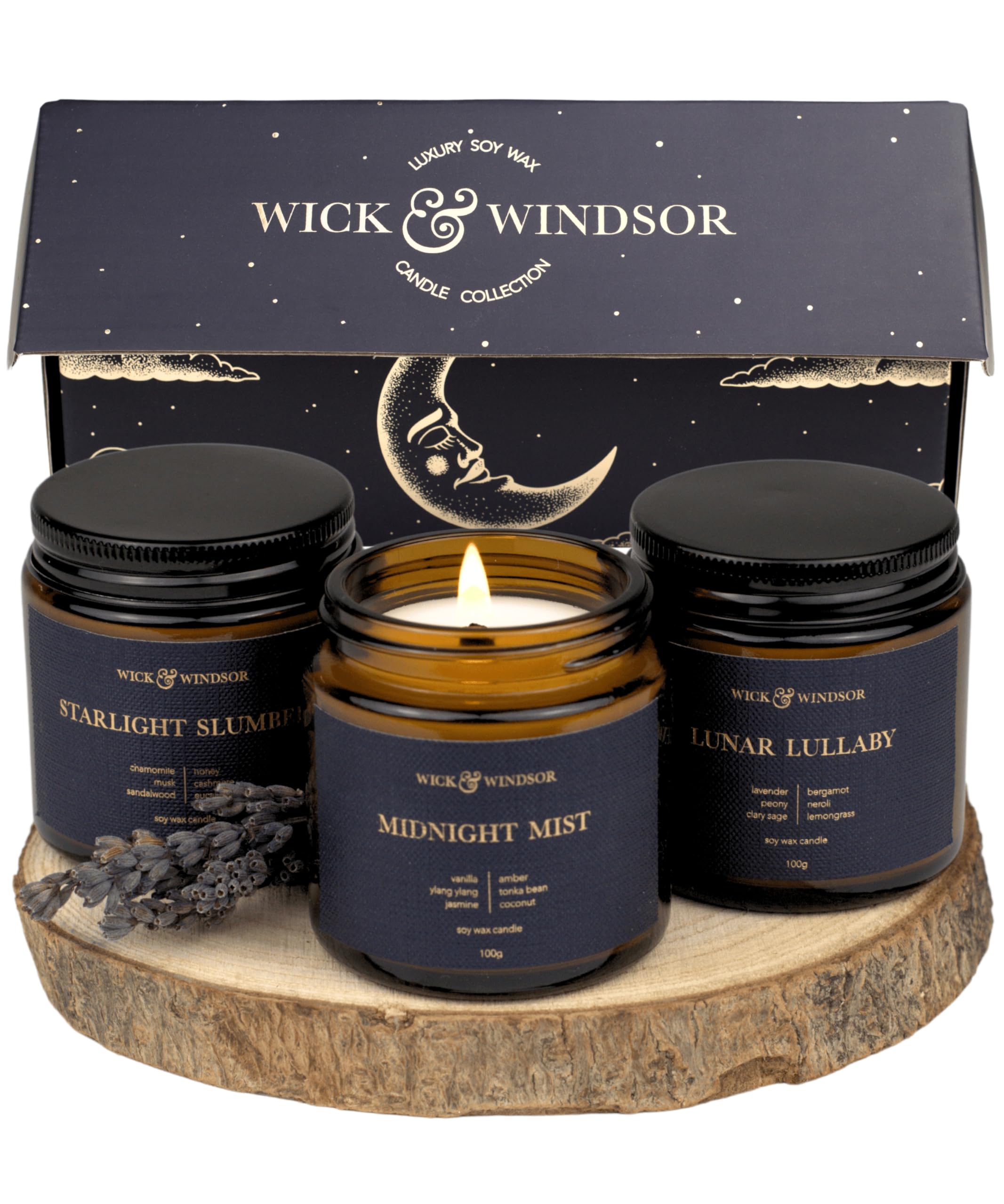 Wick & Windsor Scented Candles Gift Set – Birthday Gifts for Women – Soy Wax with Crackling Wooden Wicks Aromatherapy Candle Set - Midnight Collection