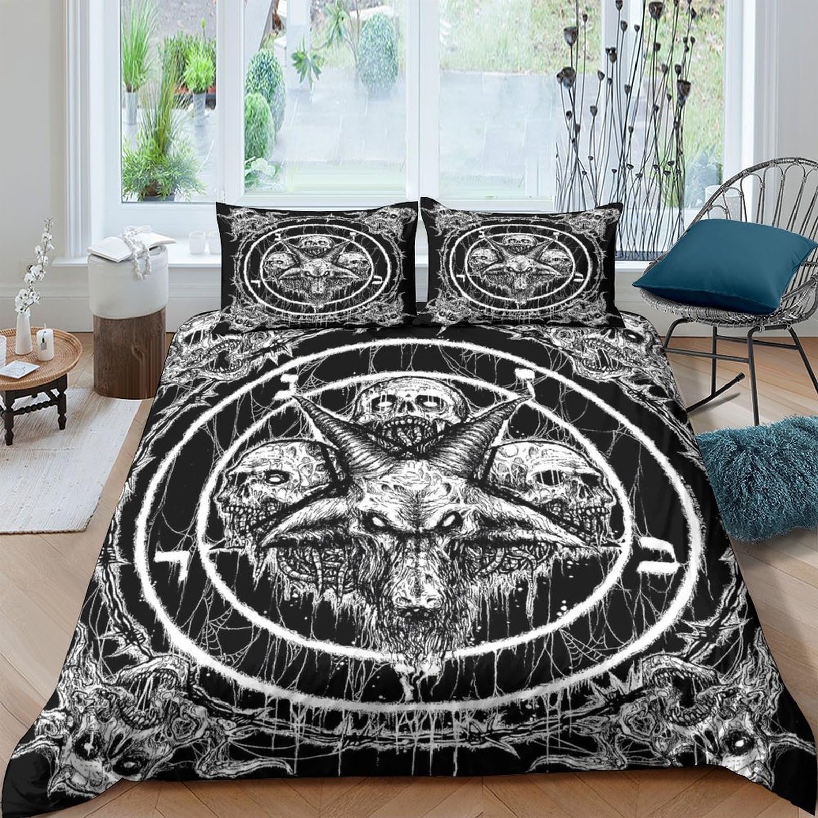 Ctjqhvkz Style-2 3D Printed Gothic Goat Skull Fitted Sheet Microfiber Black Occult Pentagram Mattress Cover For Bedroom Decor Single（135X200cm）