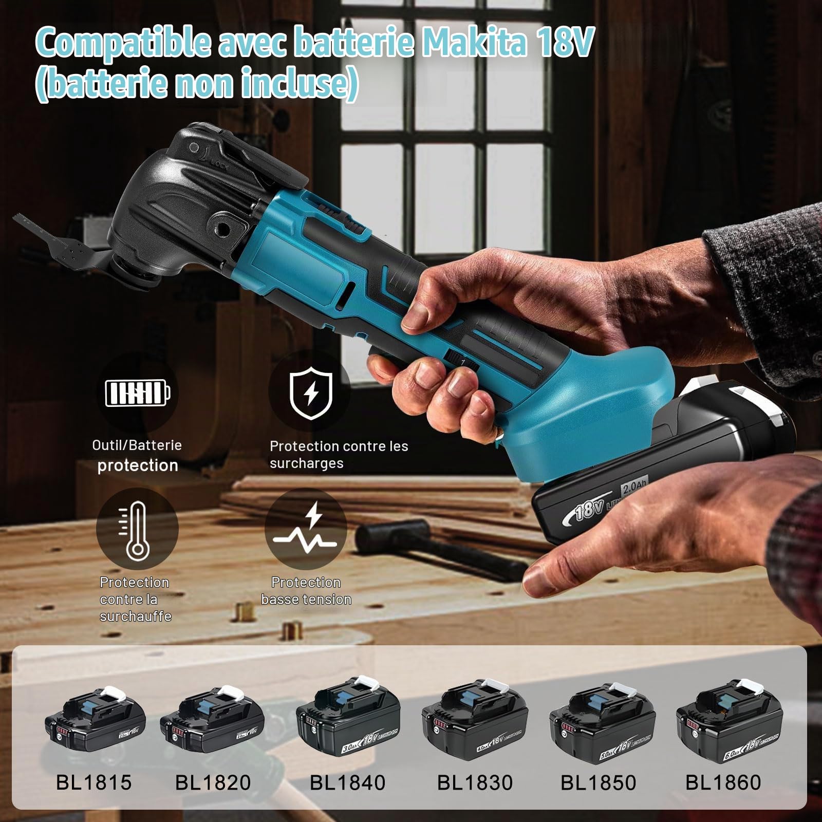 Outil oscillant multifonction compatible avec la batterie Makita 18 V, 6 vitesses variables, scie circulaire, 18 accessoires pour sculpture, grattage, meulage
