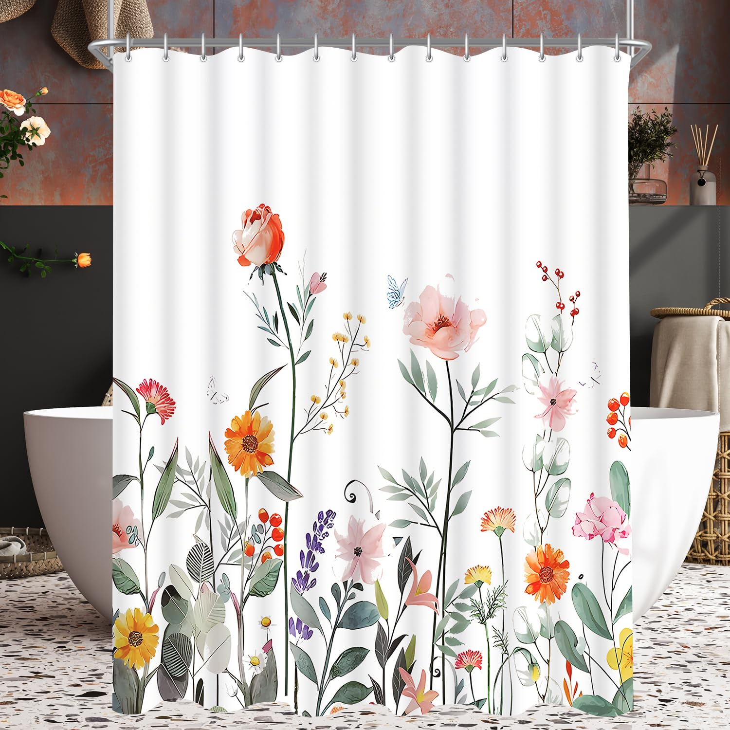 Lerores Cortina de ducha de 150 x 200 cm, diseño de flores rojas, tela antimoho, impermeable, lavable, de poliéster, cortinas de baño con ojales y 8 anillos de cortina de ducha para baño, bañera