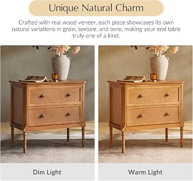 HULALA HOME Solid Wood End Table with Charging Station, Mid-Century Modern End Table with 2 Drawer, Adjustable Solid Wood Feet, Easy Assembly Set of 2, Teak