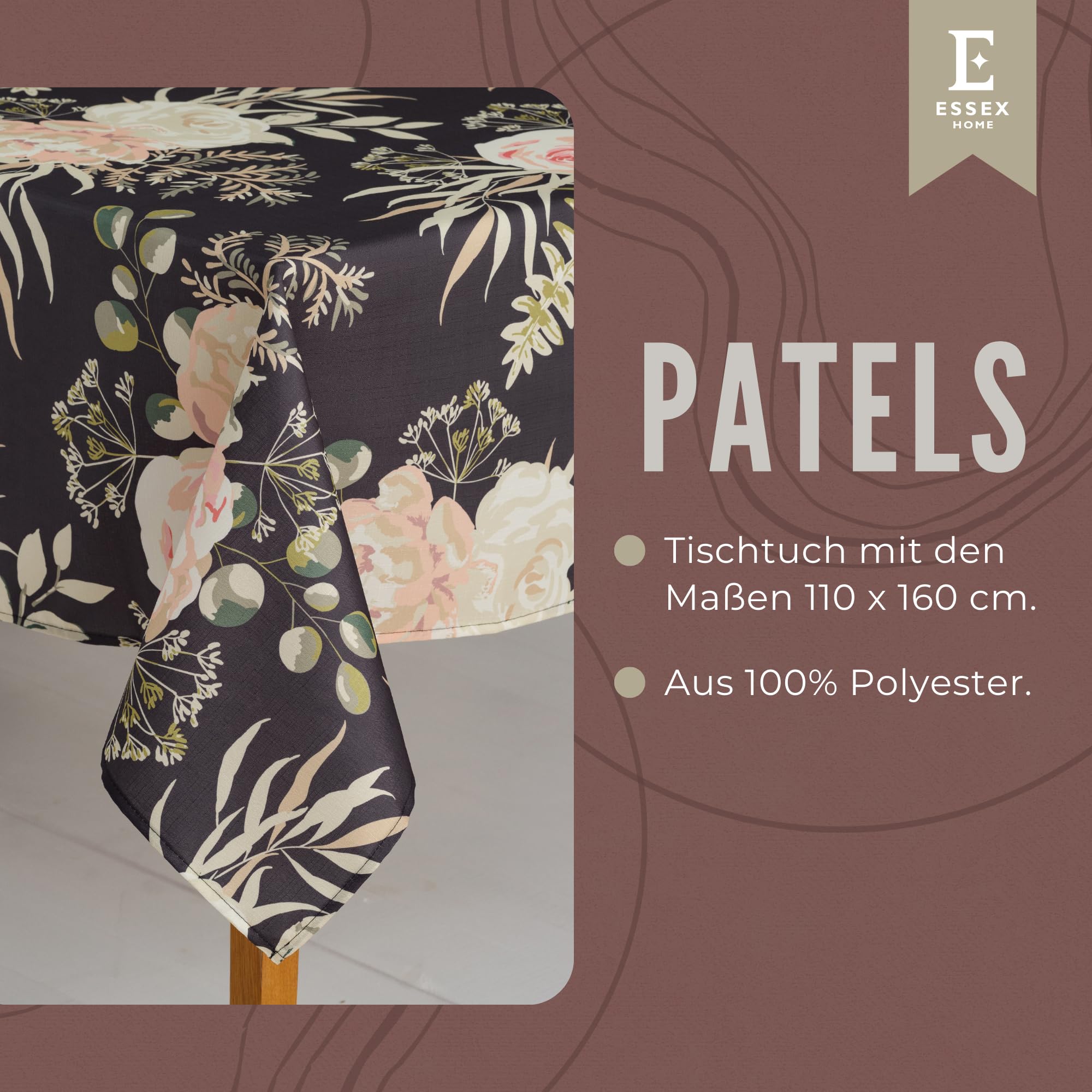 ESSEX, Patels Tablecloth, 110 x 160 cm, Tablecloth, 100% Polyester, Washable, Flowers, Black, Black (Patels) - Image 2