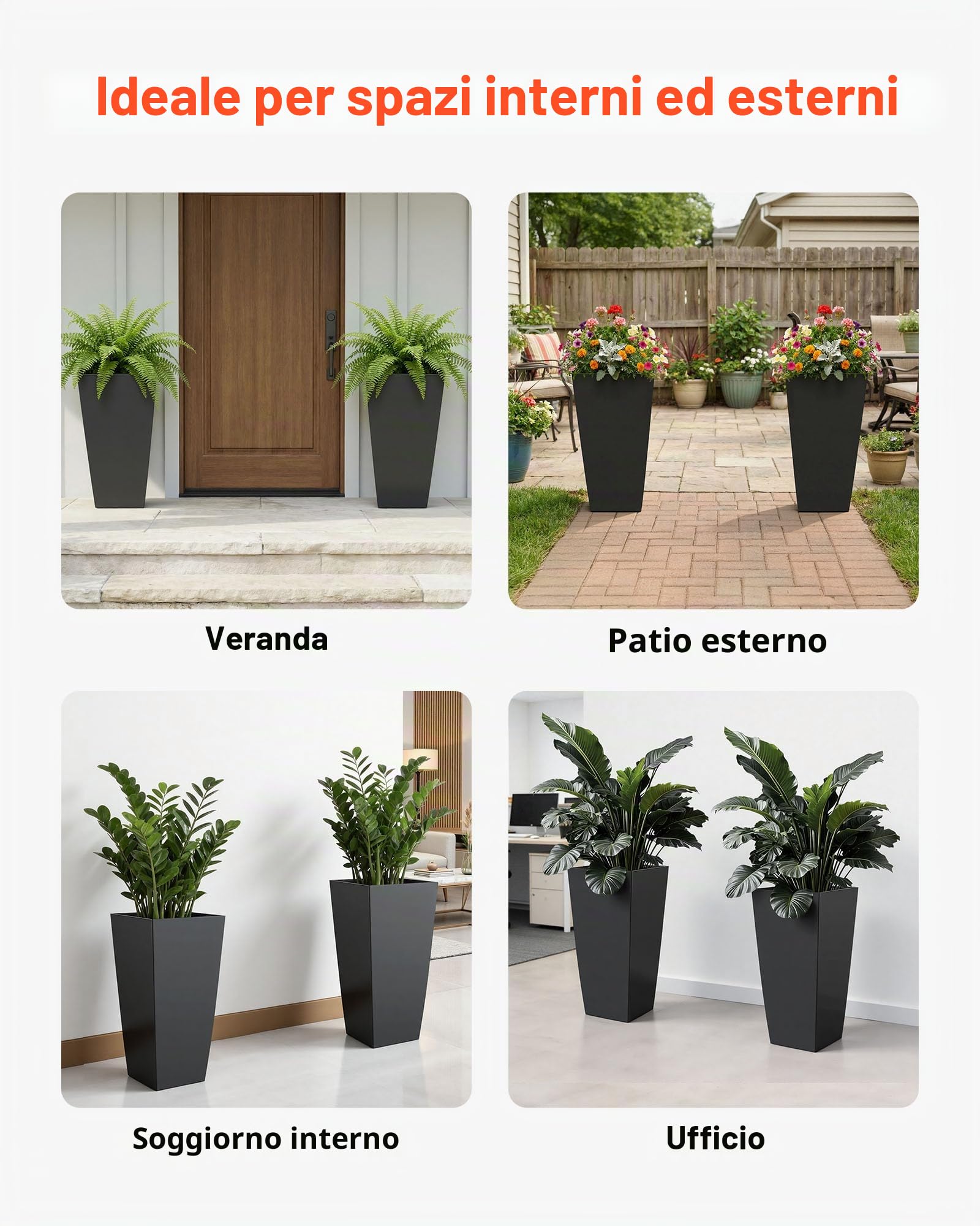 VEVOR Set di 2 Vasi da Fiori Alte 665 mm, Grandi Fioriere per Piante da Interno ed Esterno, Vasi Decorativi Moderni in Plastica per Portico con Rotelle, con Fori di Drenaggio per Patio e Giardino Nere