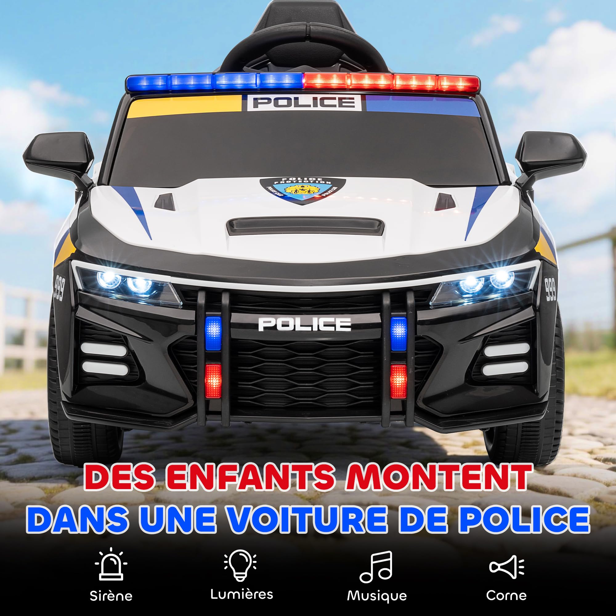 AIYAPLAY Voiture Électrique de Police Enfant 12V, 3-5 Ans, Multicolore