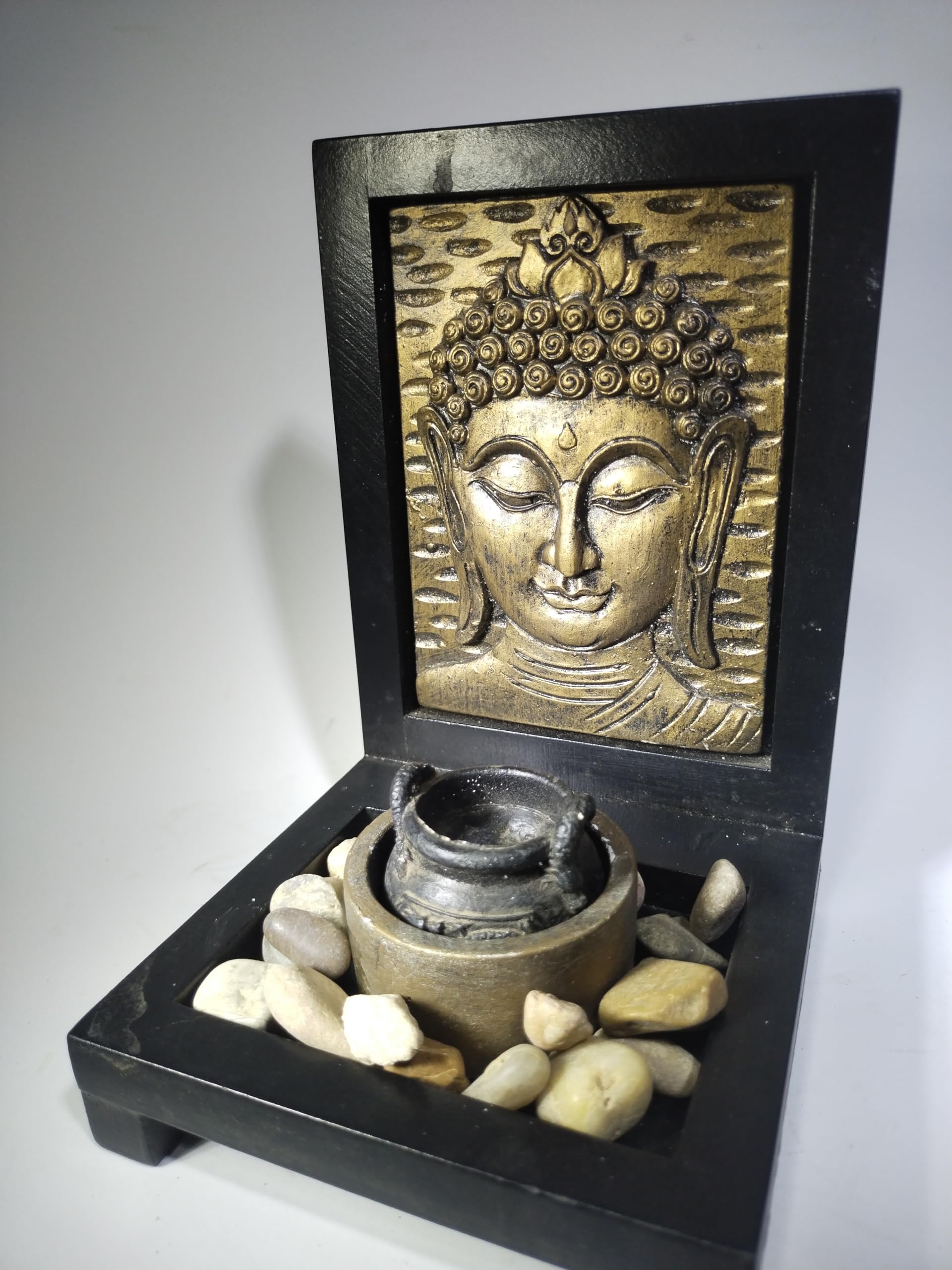 Zen Buddha Wall Fountain with Decorative Gold Relief and River Stones, Black Wooden Frame-image-11