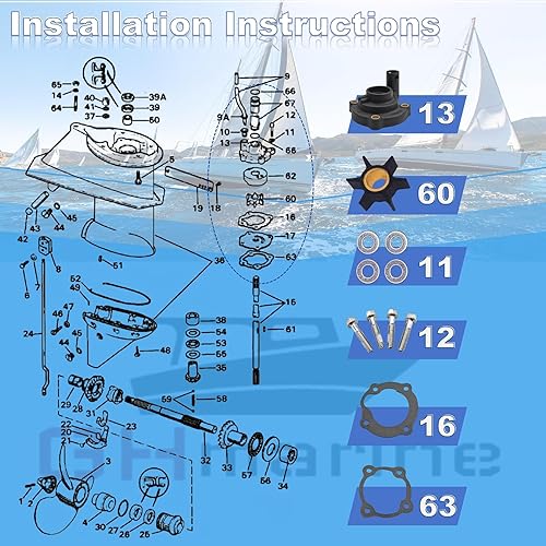 Miniatura 4 de 395270 Kit de impulsor de bomba de agua para motores fueraborda Johnson Evinrude 14 25 28 HP Reparación de caja de engranajes 395271 18-3383 12060