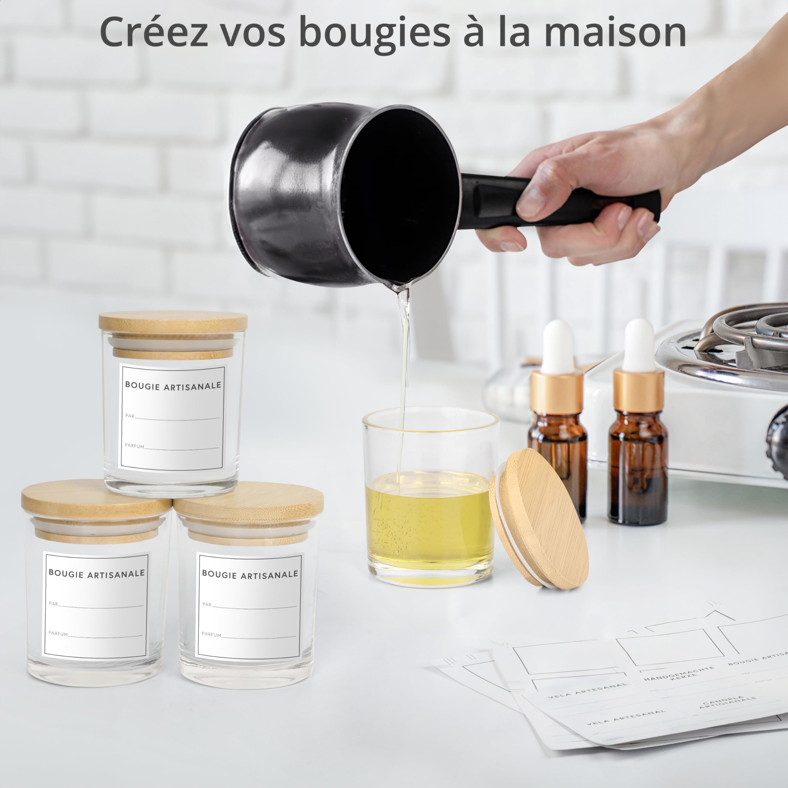 Winter Shore Petit Pot en Verre 170 ML avec Couvercles [Lot de 15] - Contenant Bougie Transparent - 15 Étiquettes Autocollantes, 15 Étiquettes Vierges & 1 Stylo Noir Inclus
