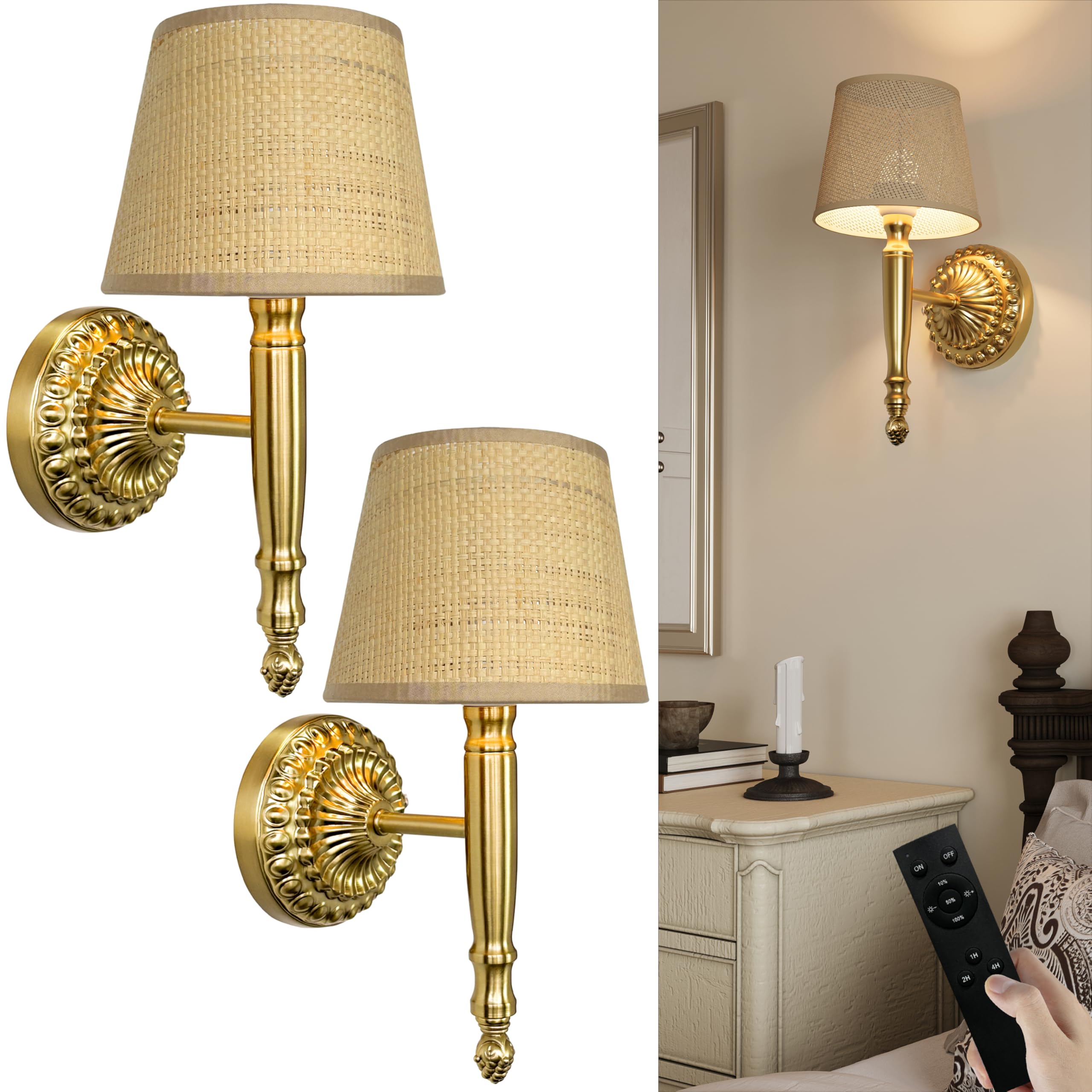 Luxcolyn Boho Rechargeable Wall Lights Set of 2, 5200mAh Battery Powered Wall Lamp with Natural Rattan Shade, Cordless Wall Sconce Lights with Remote & Touch Control for Living Room, Bedroom, Hallway