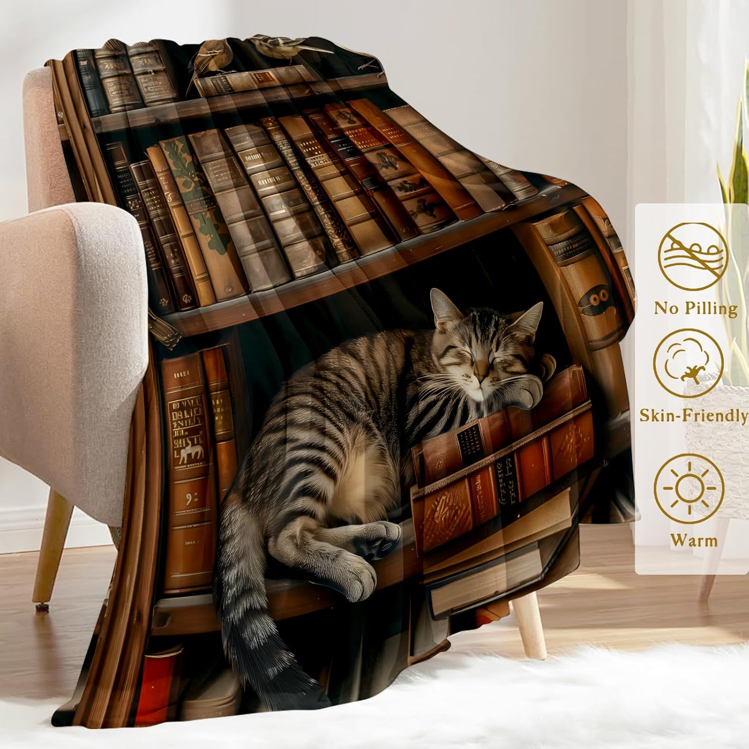 Book Flannel Blanket - Adorable Cat Napping on Bookshelf Throw,Playful Gifts for Adult & Library Lovers, Ultra Soft & Warm,Lightweight, for Couch Bedroom Living Room Modern Decor 50x60in - Image 3