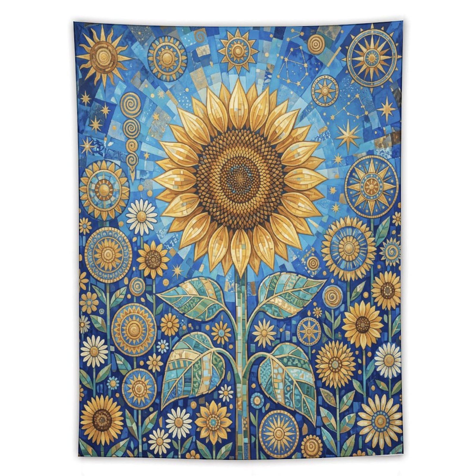 W7C8U2X3 Celestial Mosaic Sunflower Wall Tapestry, Byzantine Art, Entryway