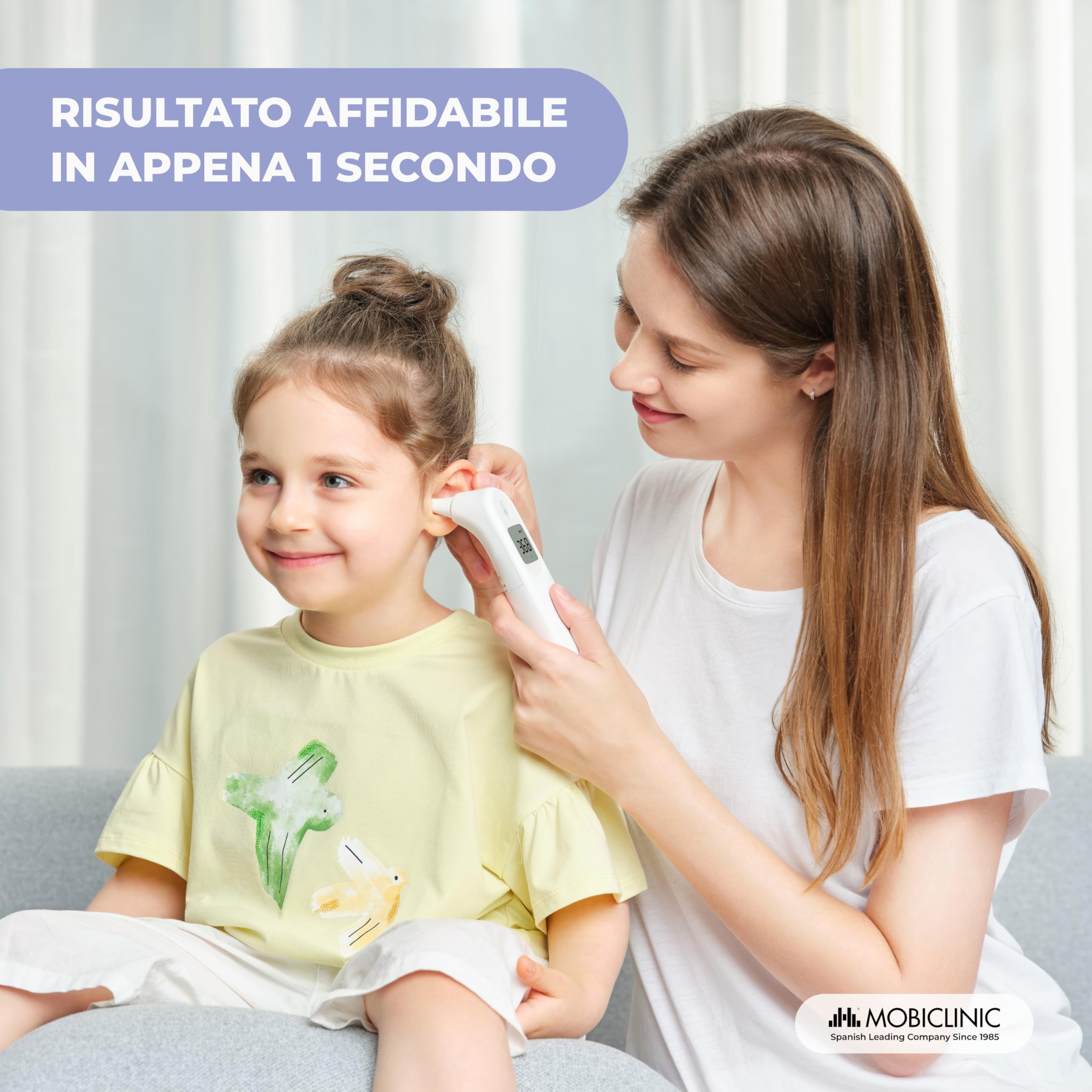 Mobiclinic®, Termometro Auricolare, 7 Memorie, Avviso Febbre, Display Illuminato, Punta Morbida e Sicura, Spegnimento Automatico, per Bambini e Adulti, °C/°F, Thermobi1