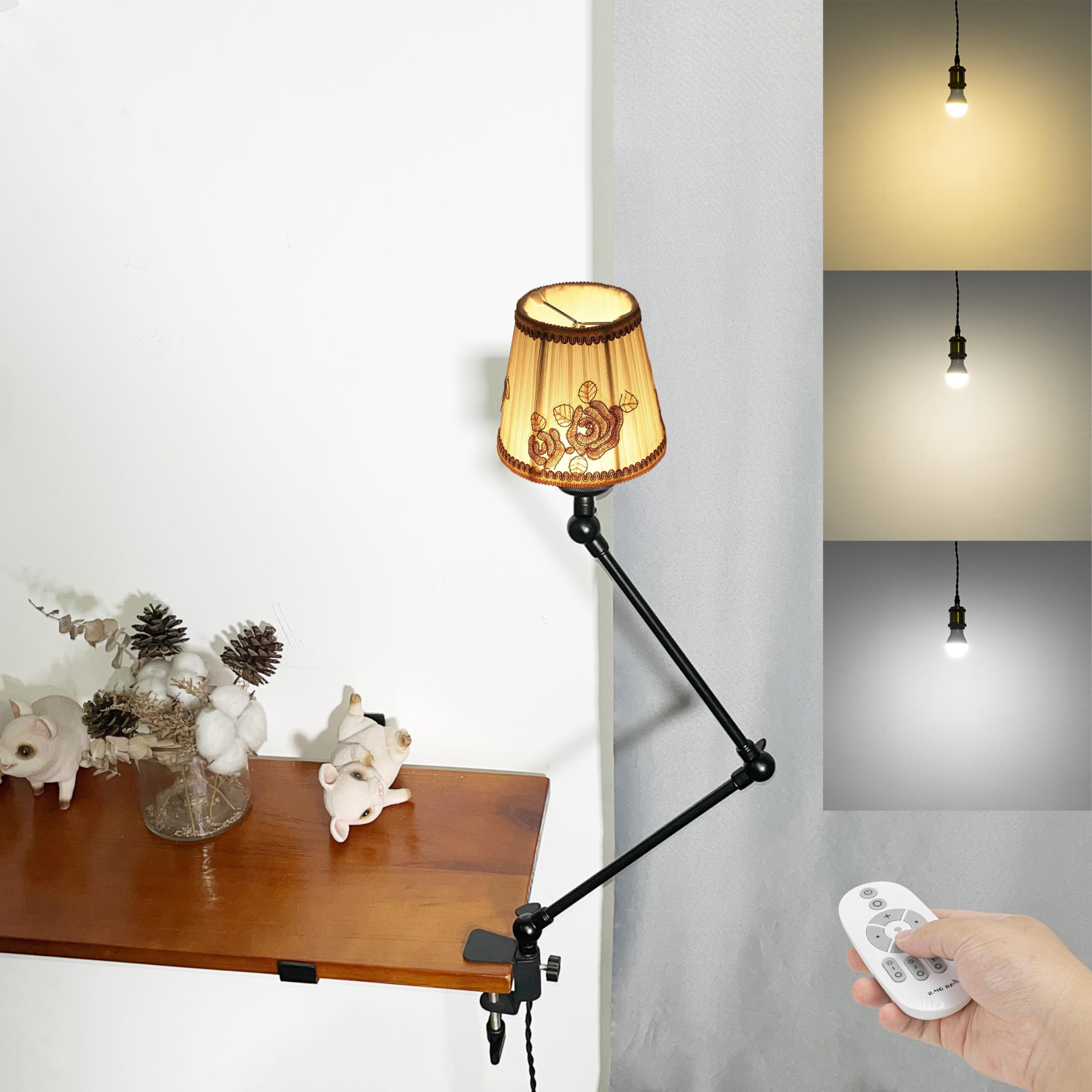 Klemmleuchte mit Fernsteuerung,1 Packung Leselampe mit 2,5 m Kabel, Dimmbar Nachttischlampe,Augenpflege Schreibtischlampe für Büro Heimgebrauch, E27 Lampenhalterung - DZ0329/805