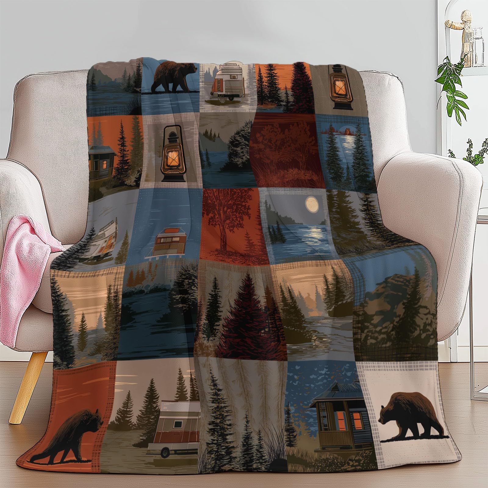 Flanelowy koc polarowy z motywem krajobrazu na zewnątrz, narzuta na sofę, wygodna narzuta na łóżko 2-osobowy koc w kratę zimowy, 220 x 240 cm wielokolorowy