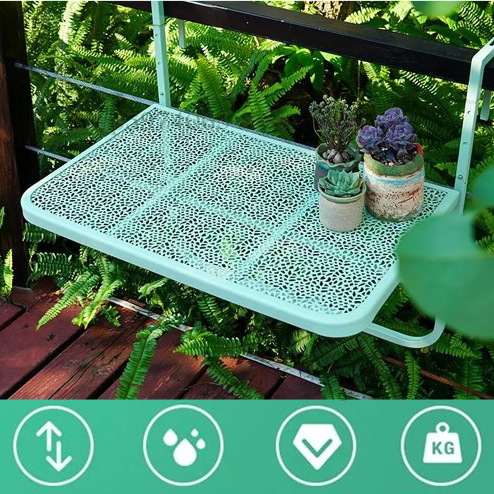 Table De Balcon Suspendue,Table Pliante avec Hauteur RéGlable, Table de terrasse Table de Bar de Balcon for Garde-Corps, Table Rabattable métal, Capacité de Charge 15 kg(Green)