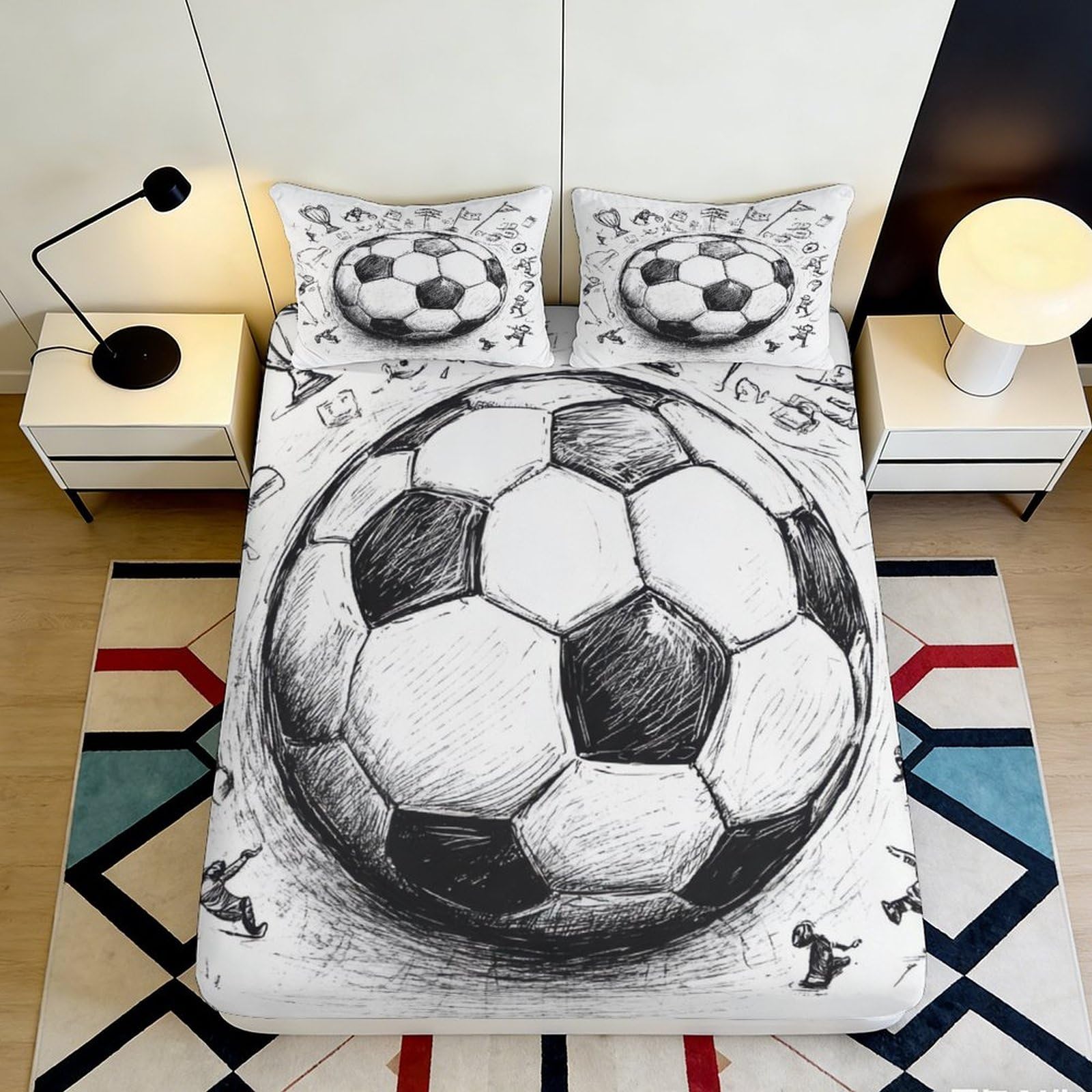 3D Printed Football Sketch Fitted Sheet Microfiber Black White Soccer Scene Mattress Cover for Bedroom Dorm Room Decor 120x200x25cm