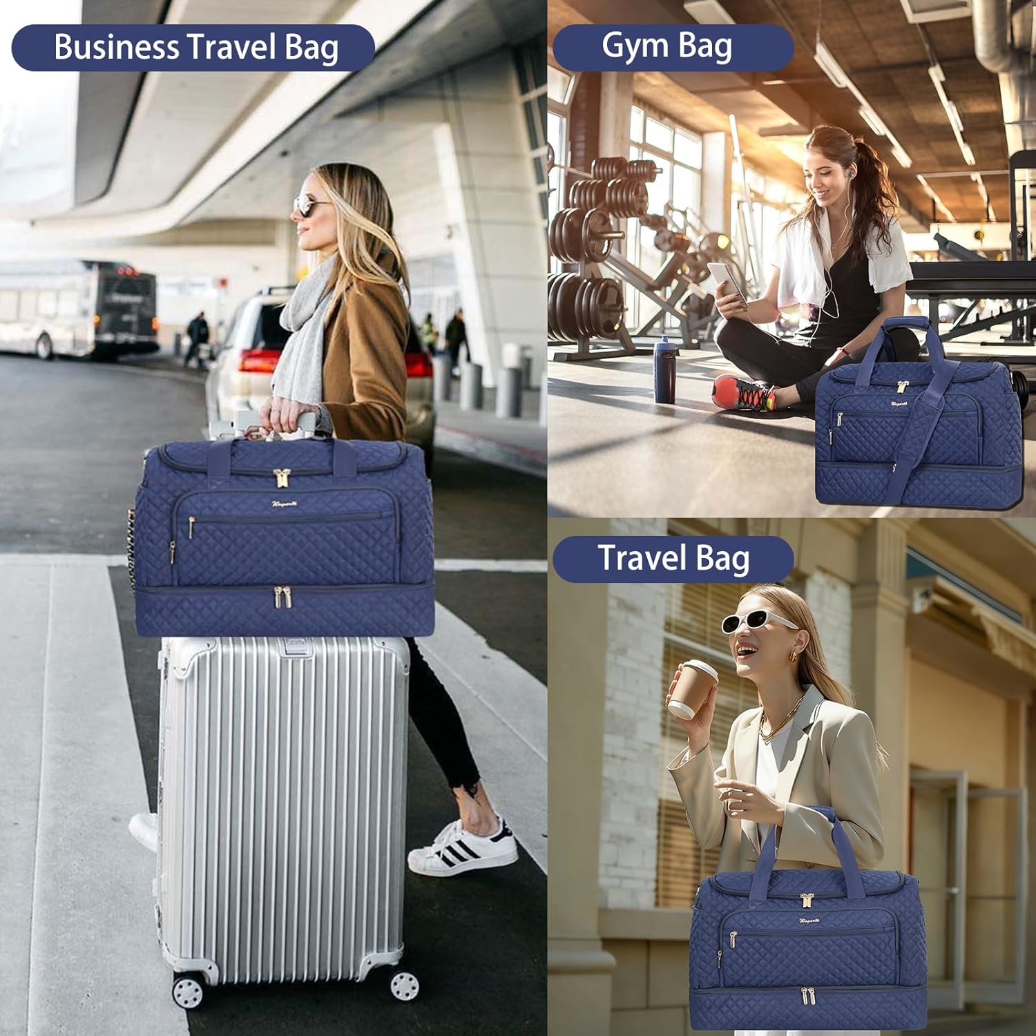 Wogarl 3PCS Weekender Bags for Women Large Overnight Bag Weekend Travel Duffel Bag Carry on Shoulder with Shoe Compartment Canvas Toiletry Bag for Travel Business Gym,Dark Blue