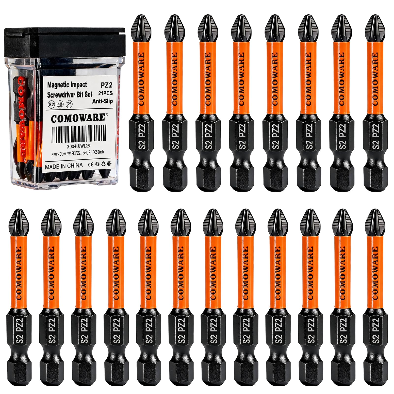 COMOWARE 2 Inch PZ2 High Magnetic Impact Screwdriver Drill Bit Set, 21PCS, Anti-Slip Pozidriv Bits, S2 Steel, Phosphating Driver Bit Set with CNC Magnetic Impact Bits for Power Drill