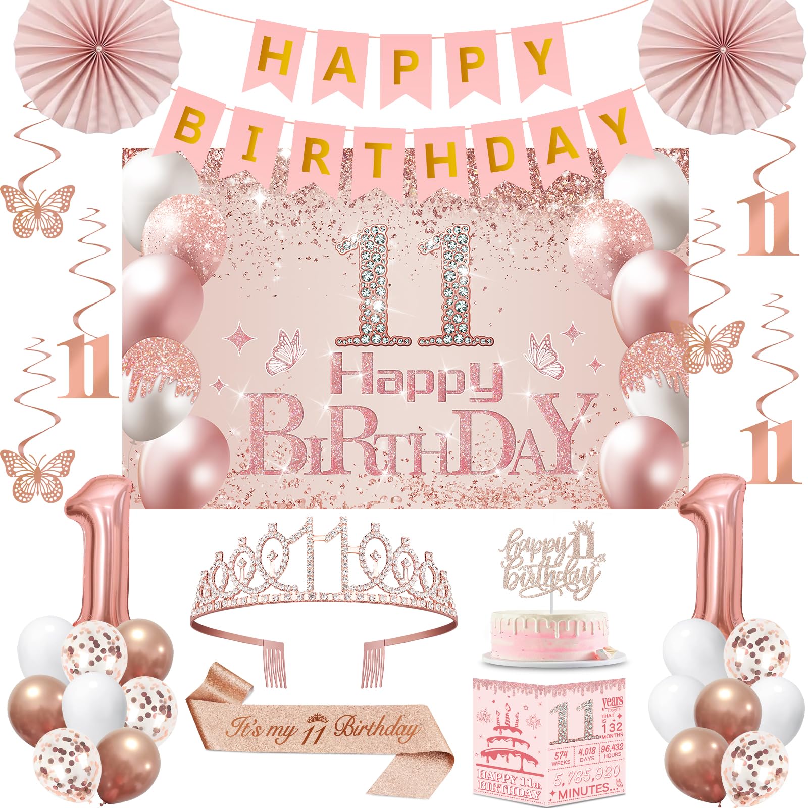 11th Birthday Decorations for Girls, 32pcs 11th Birthday Party Decorations, Including Backdrop, Crown, Sash, Banner, Hanging Swirl, Cake Topper, Balloons, Anniversary Card,Paper Fans