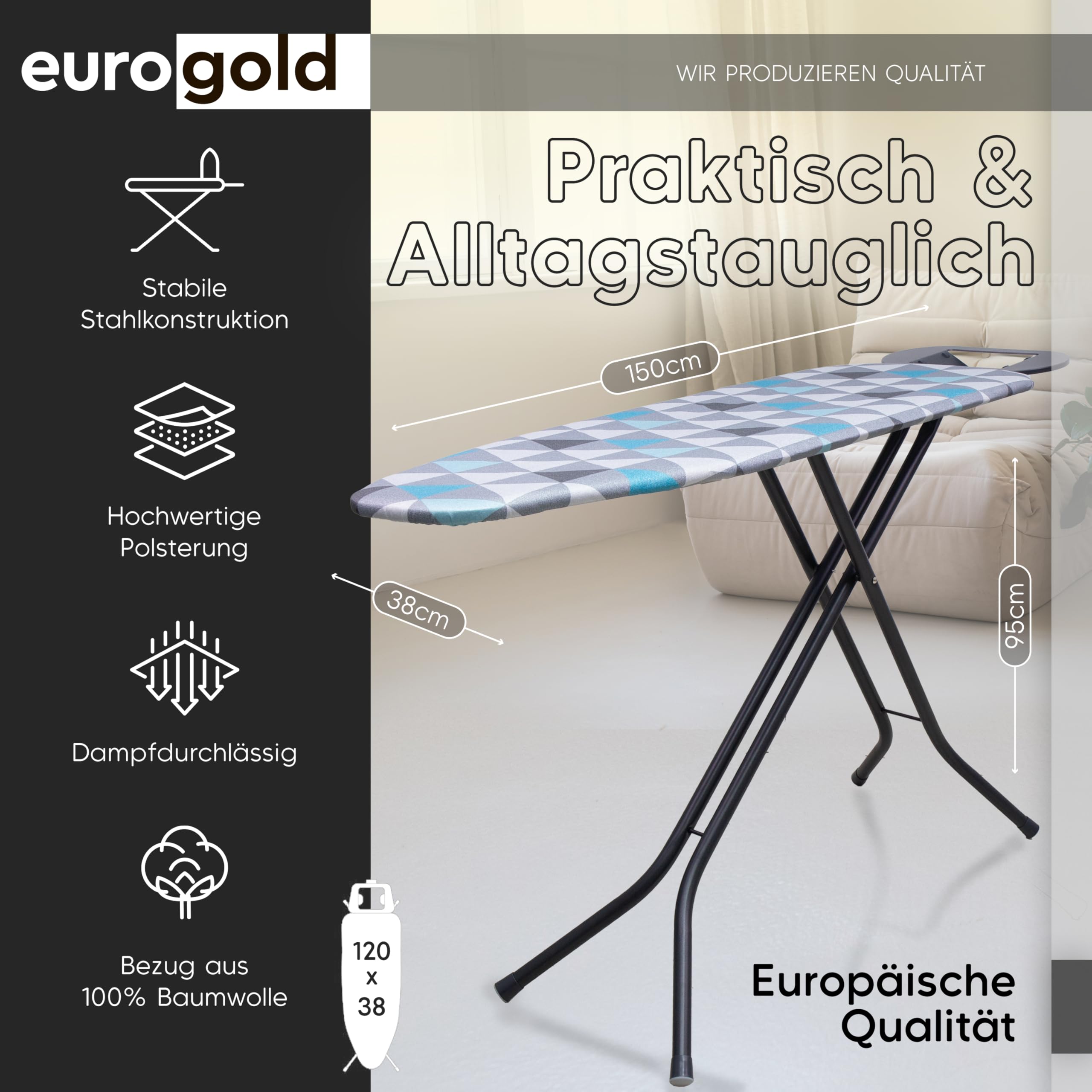 EUROGOLD® Bügeltisch 120x38 cm – Bügelbrett höhenverstellbar, stabil & kompakt klappbar, metallisierter Bezug für schnellere Hitzereflexion, große Bügelfläche, Made in Europe, Lagune