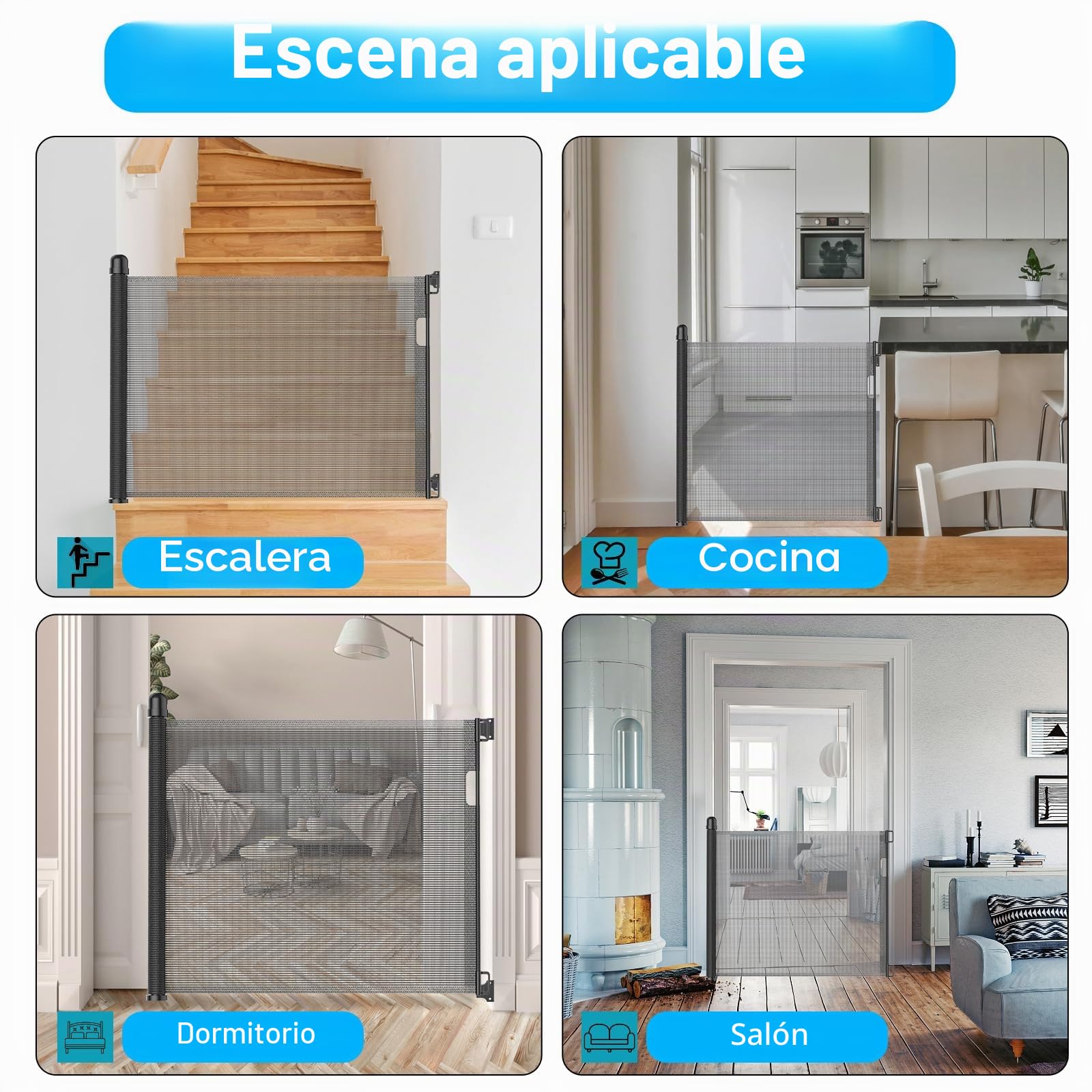 LZQ Roll - Barrera de seguridad para escaleras y mascotas (0-180 cm, altura 87 cm, apta para escaleras, puertas, interiores y exteriores, color negro