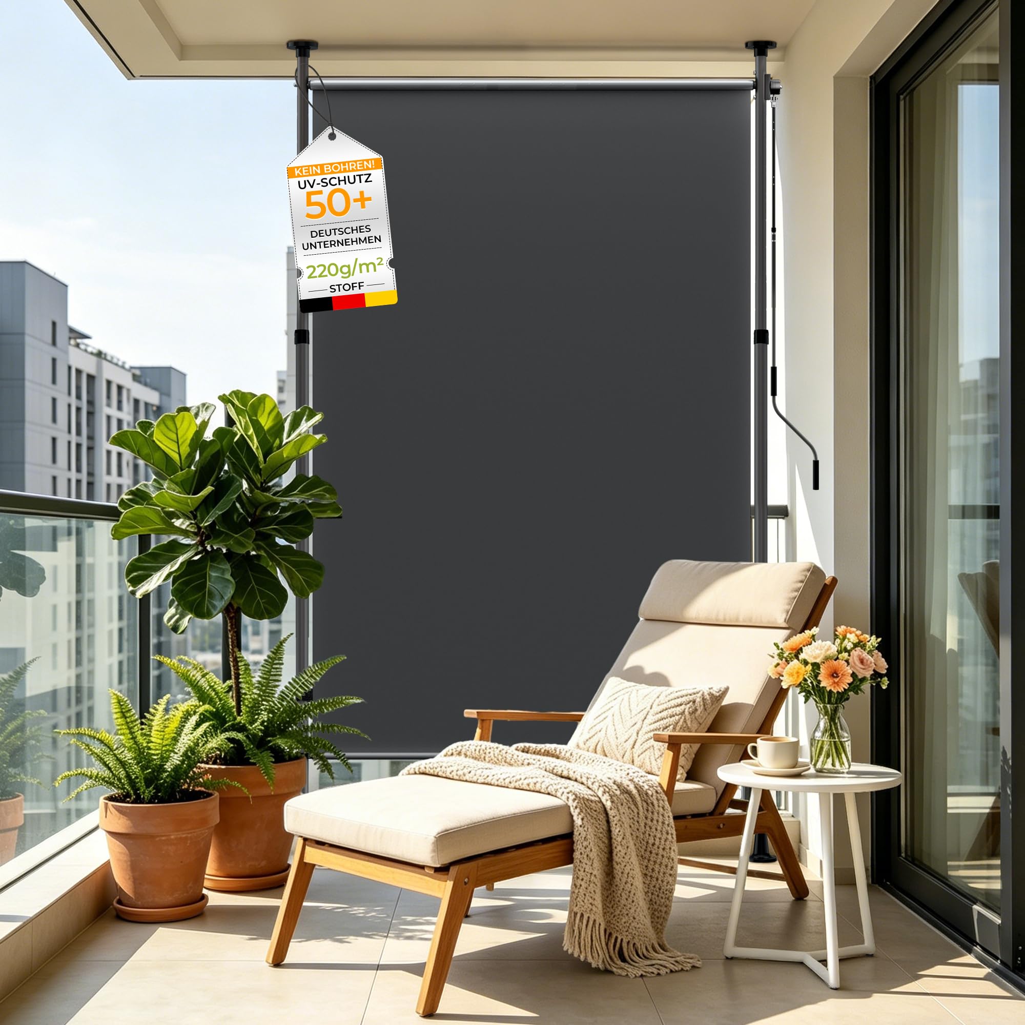 HOMEDEMO Senkrechtmarkise Außen, Vertikalmarkise ohne Bohren, Balkonrollo mit Einstellbare Handkurbel, Sichtschutz Sonnenschutz Windschutz, 120x(220-310) cm, Garten, Stoffbreite 105.5 cm, Anthrazit