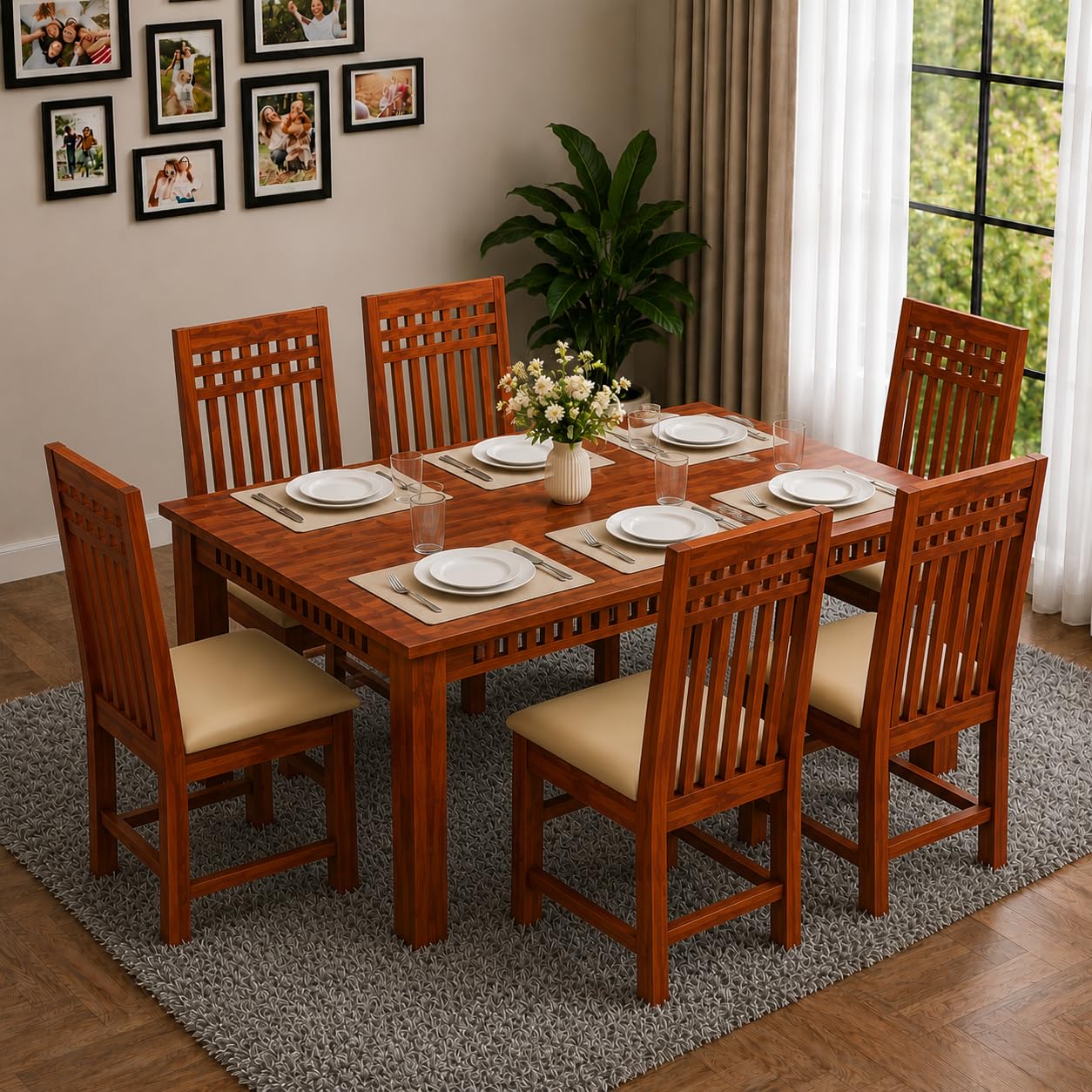 Solid Sheesham Wood 6 Seater Dining Table with Chair for Living Room Home | Wooden Dining Table Set for Office Restaurant Modern Dining Room Set (Honey 6sKuber, 6 Seater)-image-15