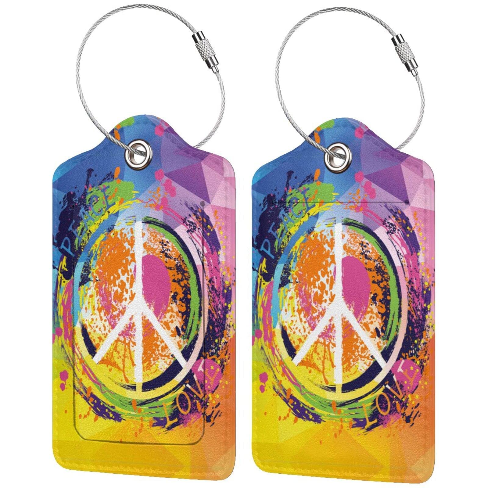 Set of 2 Luggage Tag for Suitcase Cute PU Leather Name ID Labels with Stainless Steel Loop Privacy Cover for Women Girls Bag Suitcase-Peace and Love