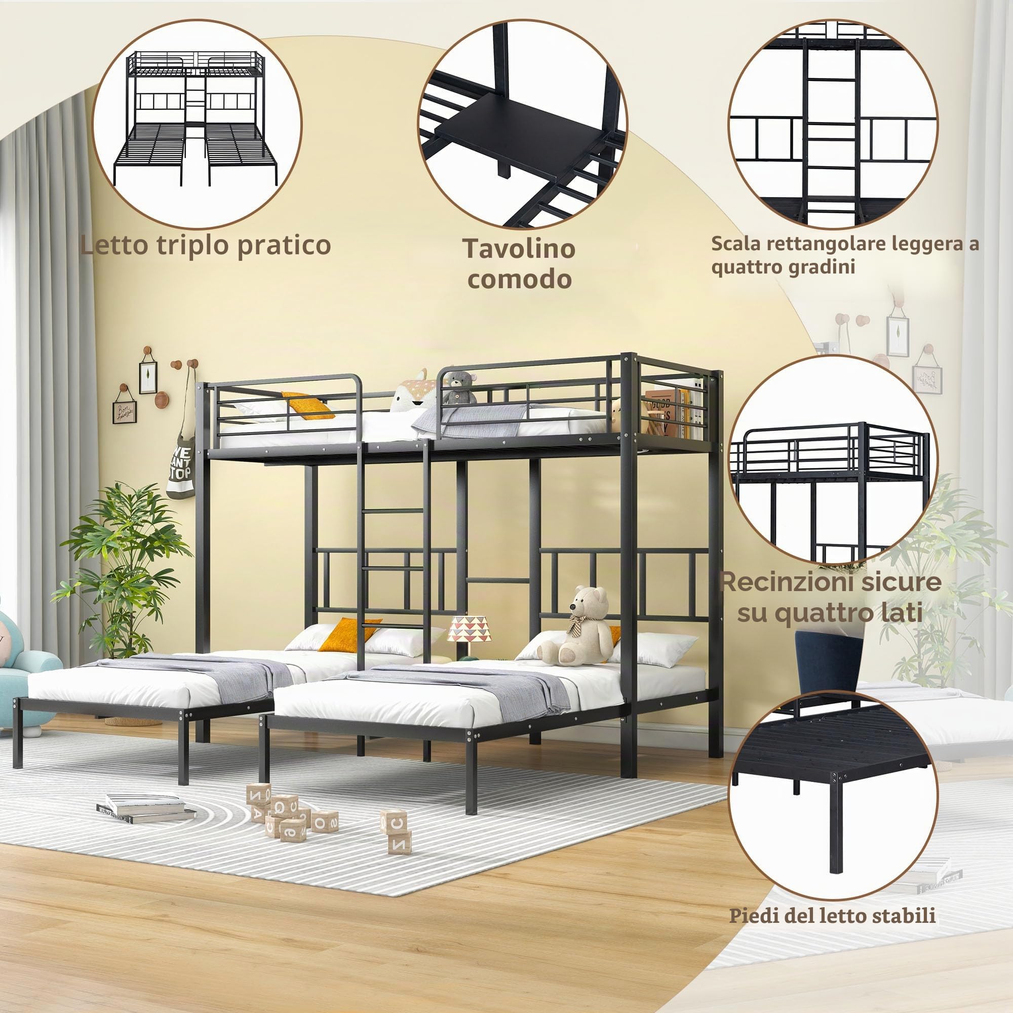 Moimhear Letto triplo, letto a castello triplo con scala per bambini e adolescenti, letto in ferro con porta di sicurezza e tavolo (90x200cmx3, nero)
