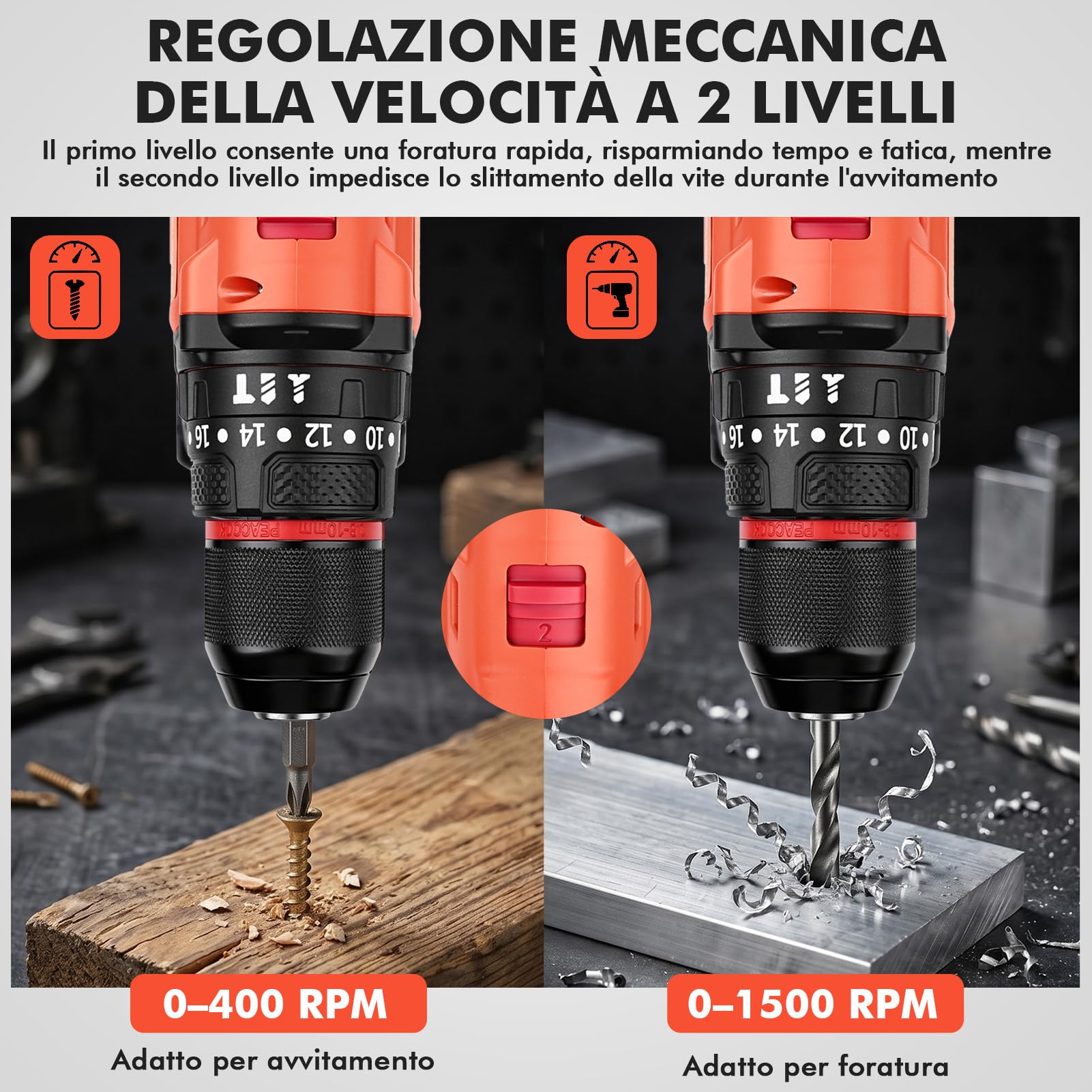 Trapano a Percussione a Batteria 21V, Avvitatore a Batteria 50Nm Brushless | 2 Batterie 1.5Ah, 20+1 Coppie, 2 Velocità, 24 Punte, Luce LED per Riparazioni, Fai da Te, Montaggio Mobili, 10mm Mandrino