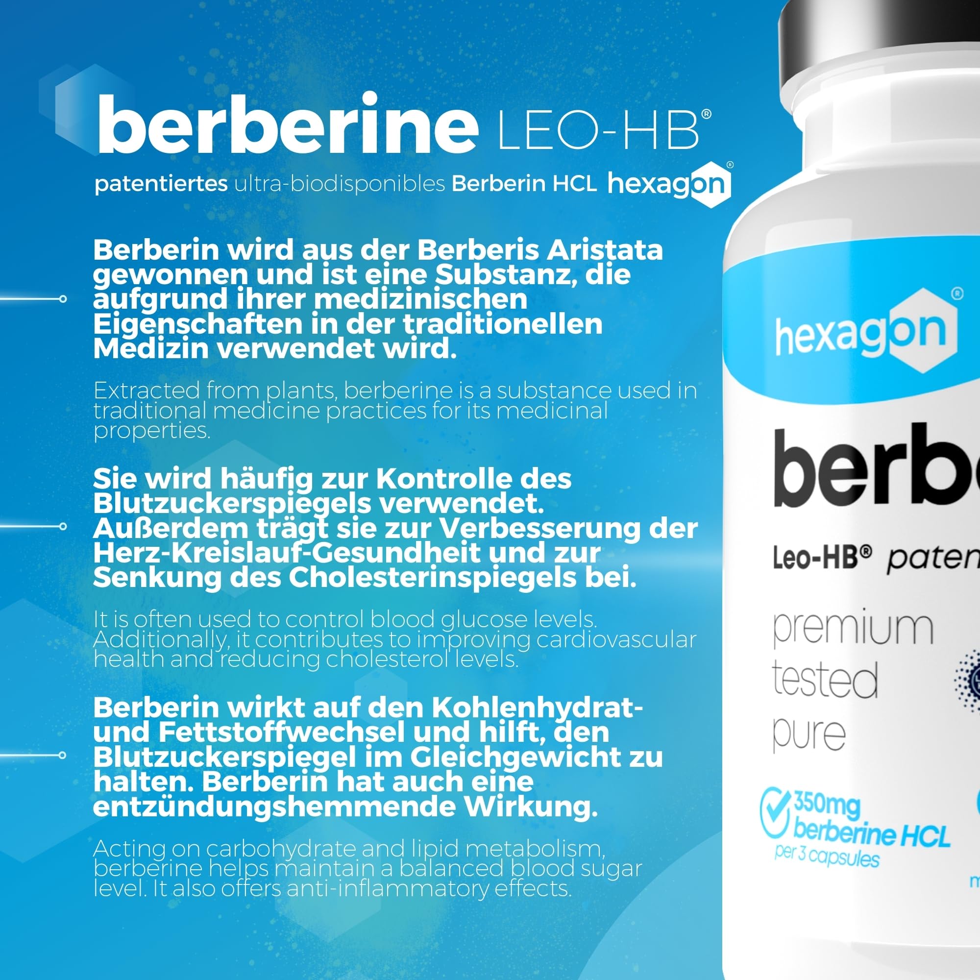 BERBERIN - LEO-HB® Patentiert, 4x höhere Bioverfügbarkeit - Bis zu 3 Monate Kur - Berberin HCL - Berberis Aristata - Stoffwechsel & Blutzucker - Made in Frankreich - 90 Kapseln - Hexagon